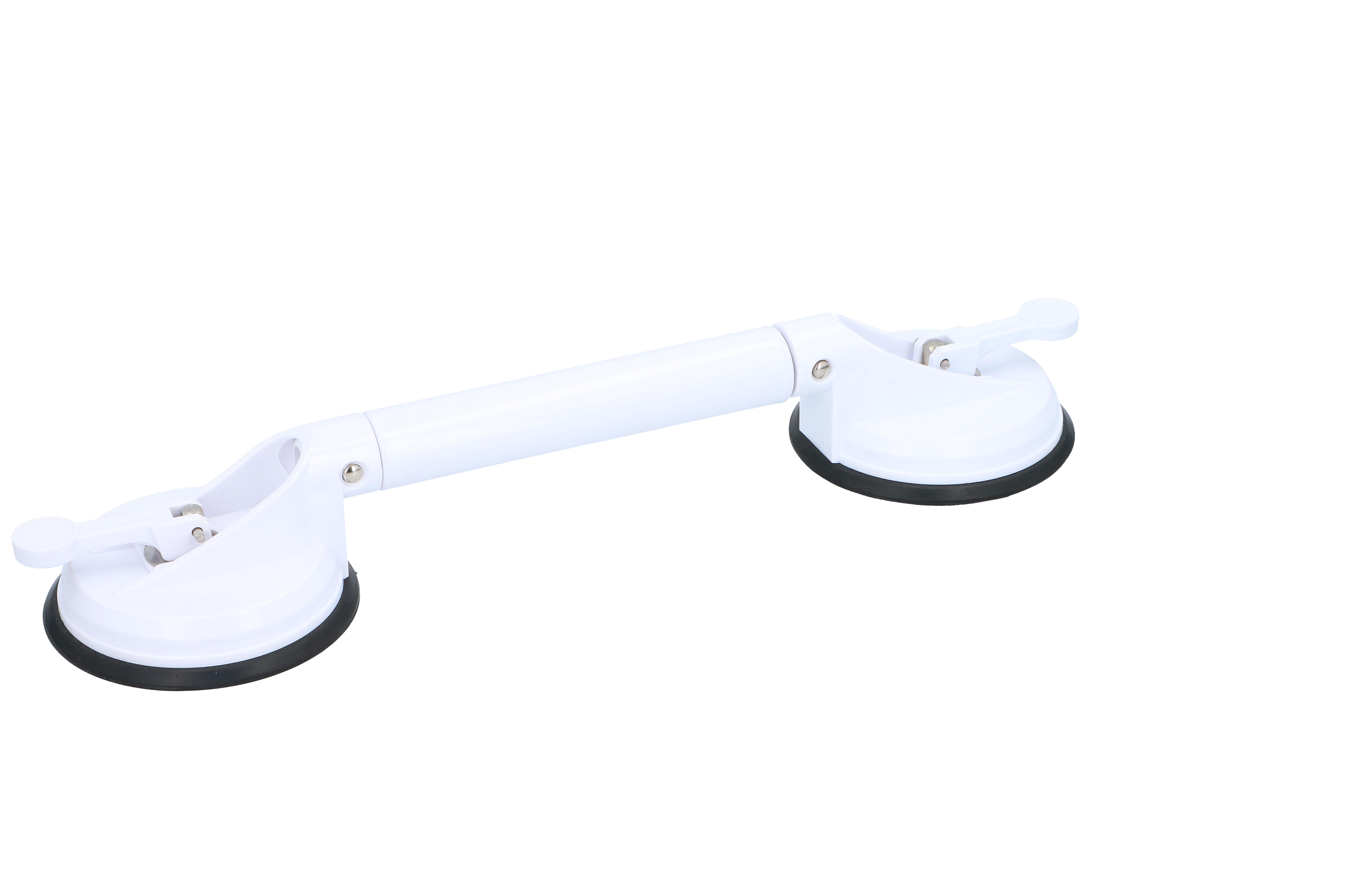 Witte zuignap-handgreep. Twee zuignappen met zwarte ringen en hendels. Witte achtergrond.