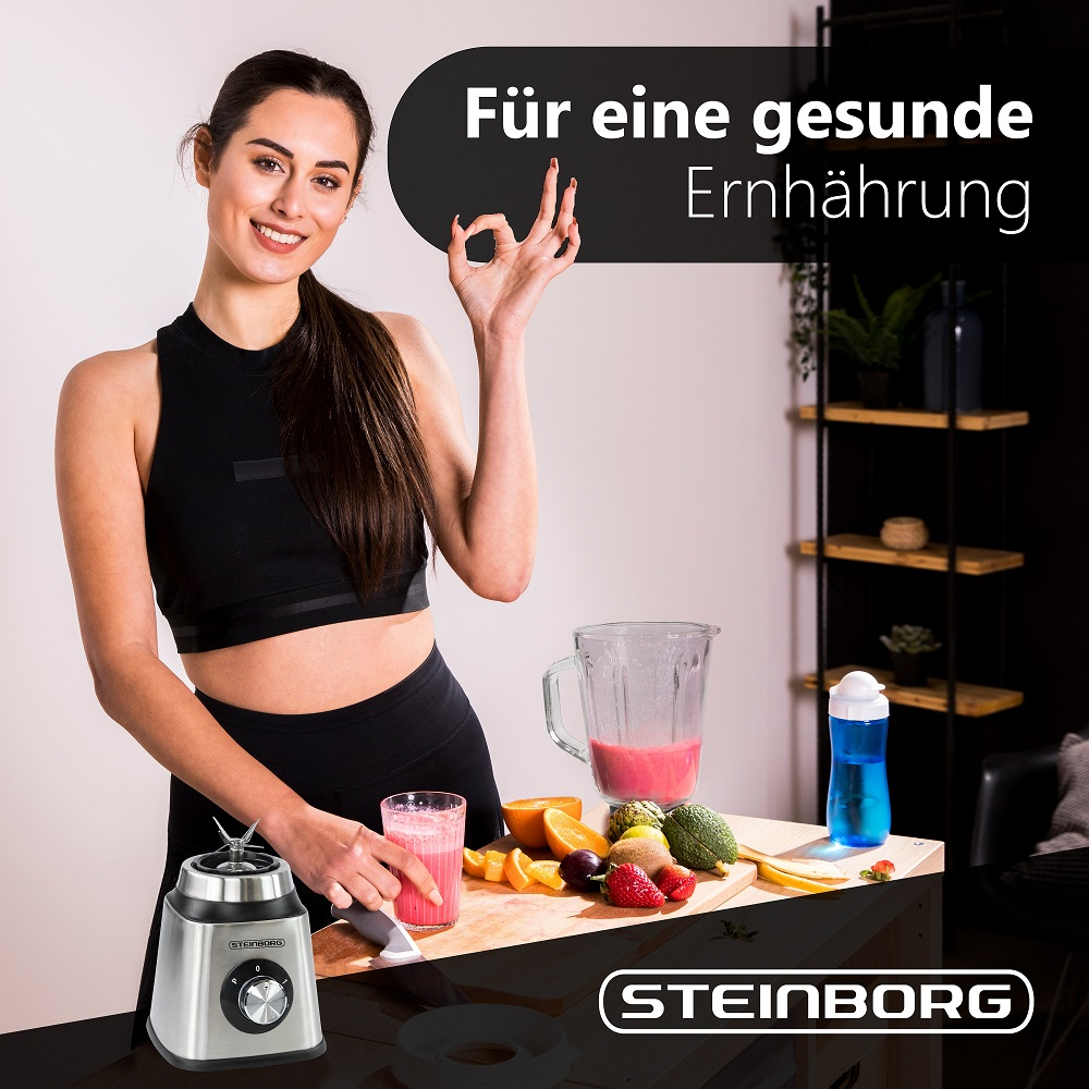 Frau mit Smoothie, Obst und Mixer. Text sagt: 'Für eine gesunde Ernährung'.