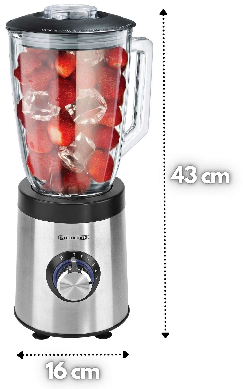 Mixer mit Erdbeeren und Eis. Glasbehälter mit Griff und Edelstahlbasis, Maße.