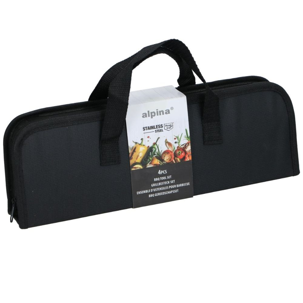 Black BBQ tool set in a zippered case with the Alpina logo and product details.