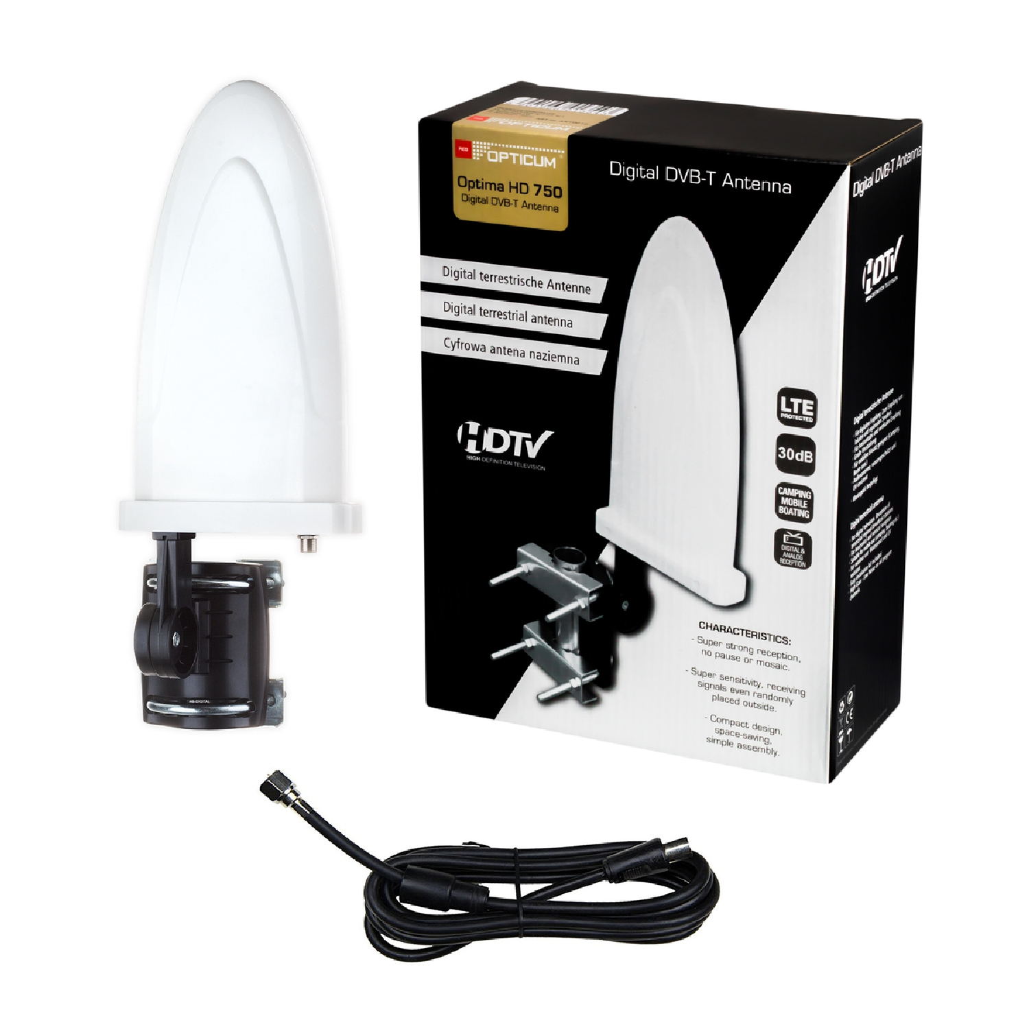 Weiße DVB-T-Antenne und Box. Schwarzes Kabel und Halterung sind sichtbar.