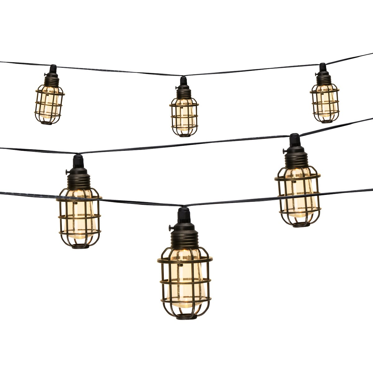 Snoer zwarte buitenlampen met gele lampen op witte achtergrond.