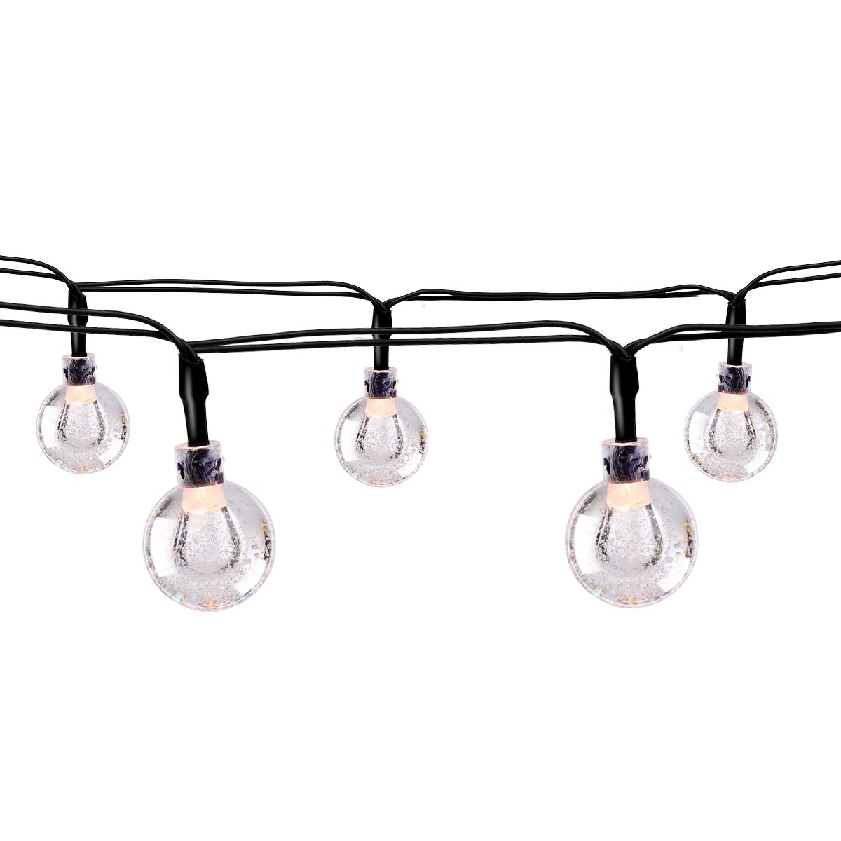 Slingerverlichting met vijf heldere, ronde bollen gevuld met glitter, tegen een witte achtergrond.