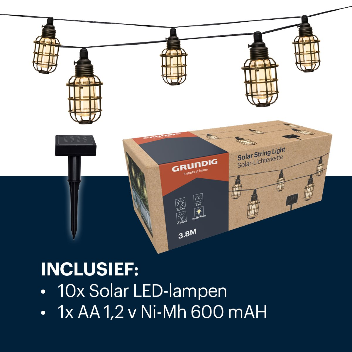 Zonneslinger in een doos. Inclusief lampjes, zonnepaneel en tekst in het Engels.