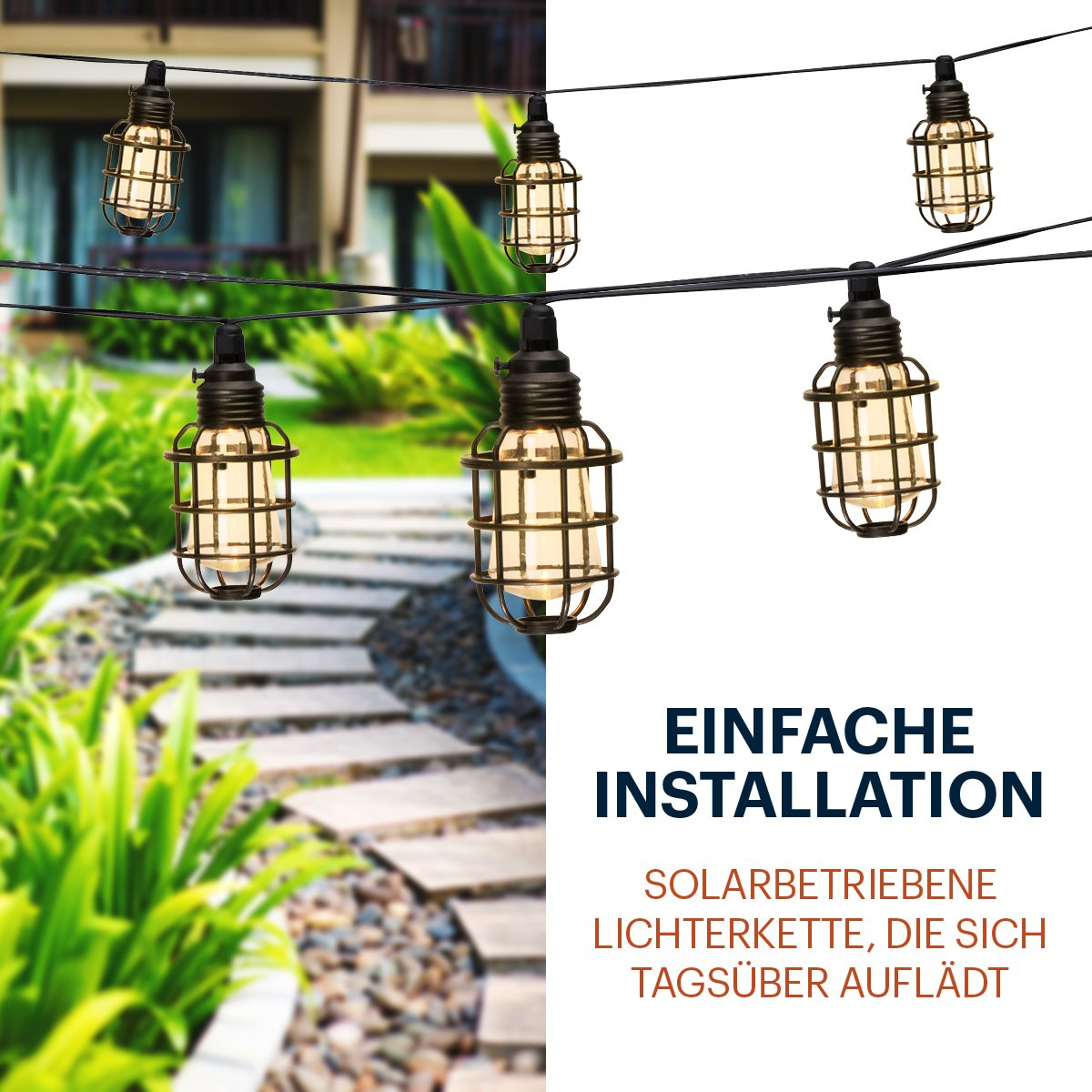 Slingerverlichting met retro-stijl lampen en een zwarte draad, hangend tegen een vage achtergrond van een tuin.