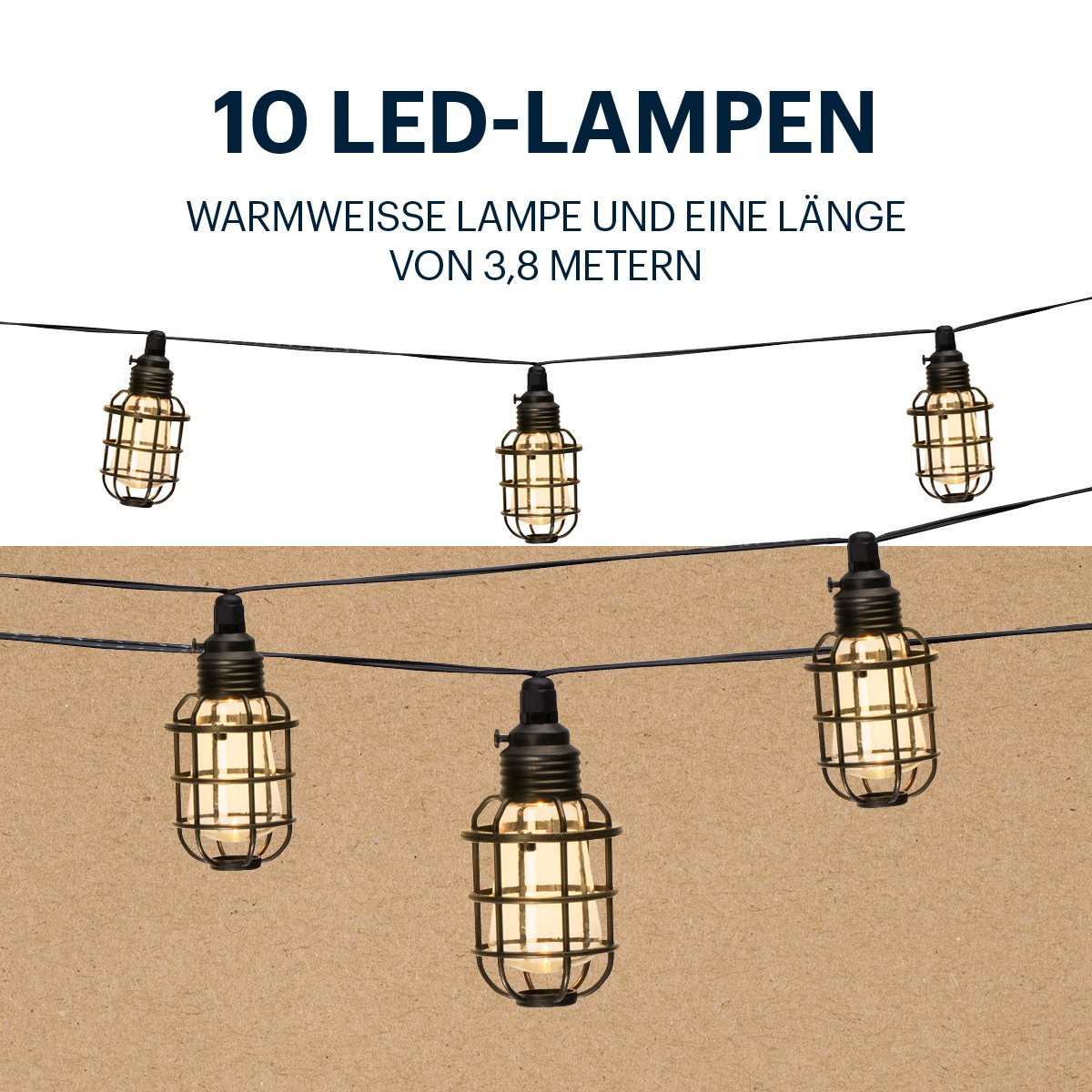 Een snoer van 10 LED-lampen in kooien. De tekst vermeldt warm wit en 3,8 meter.