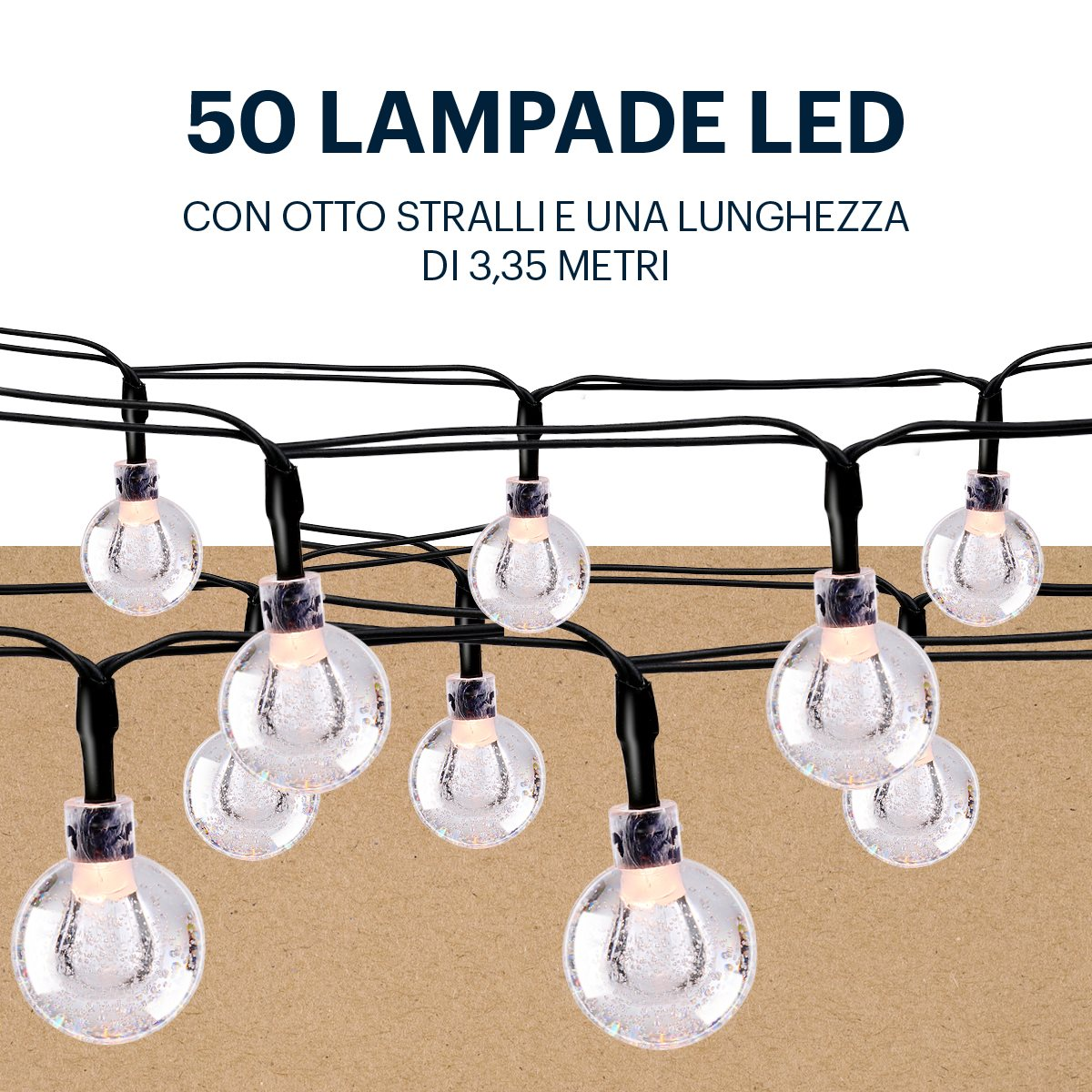 Slingers met heldere, bolvormige lampen. Tekst: 50 LED-lampen, 8 strengen, 3,35 meter.