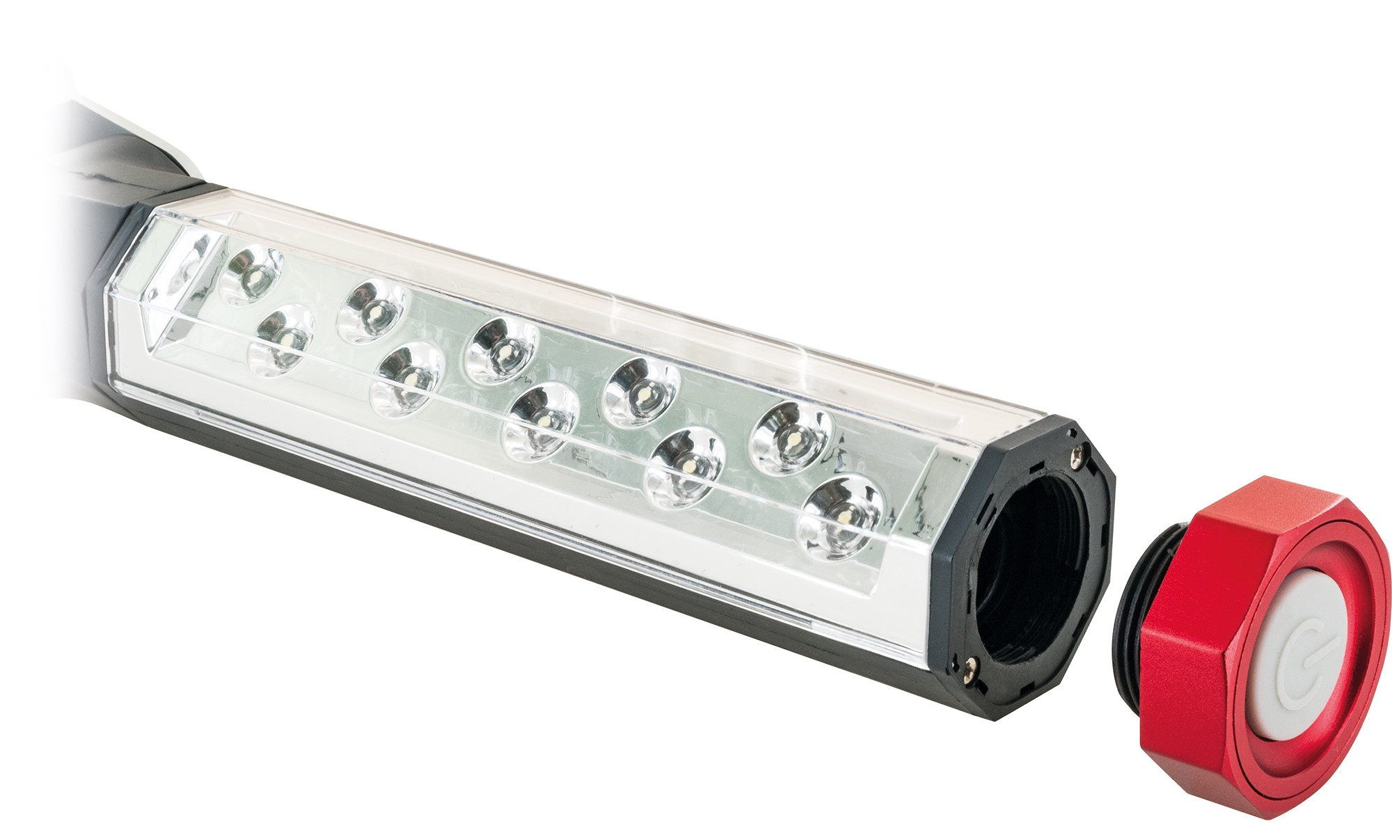 LED-Arbeitsleuchte mit rotem Einschaltknopf und sechseckigem Anschluss.