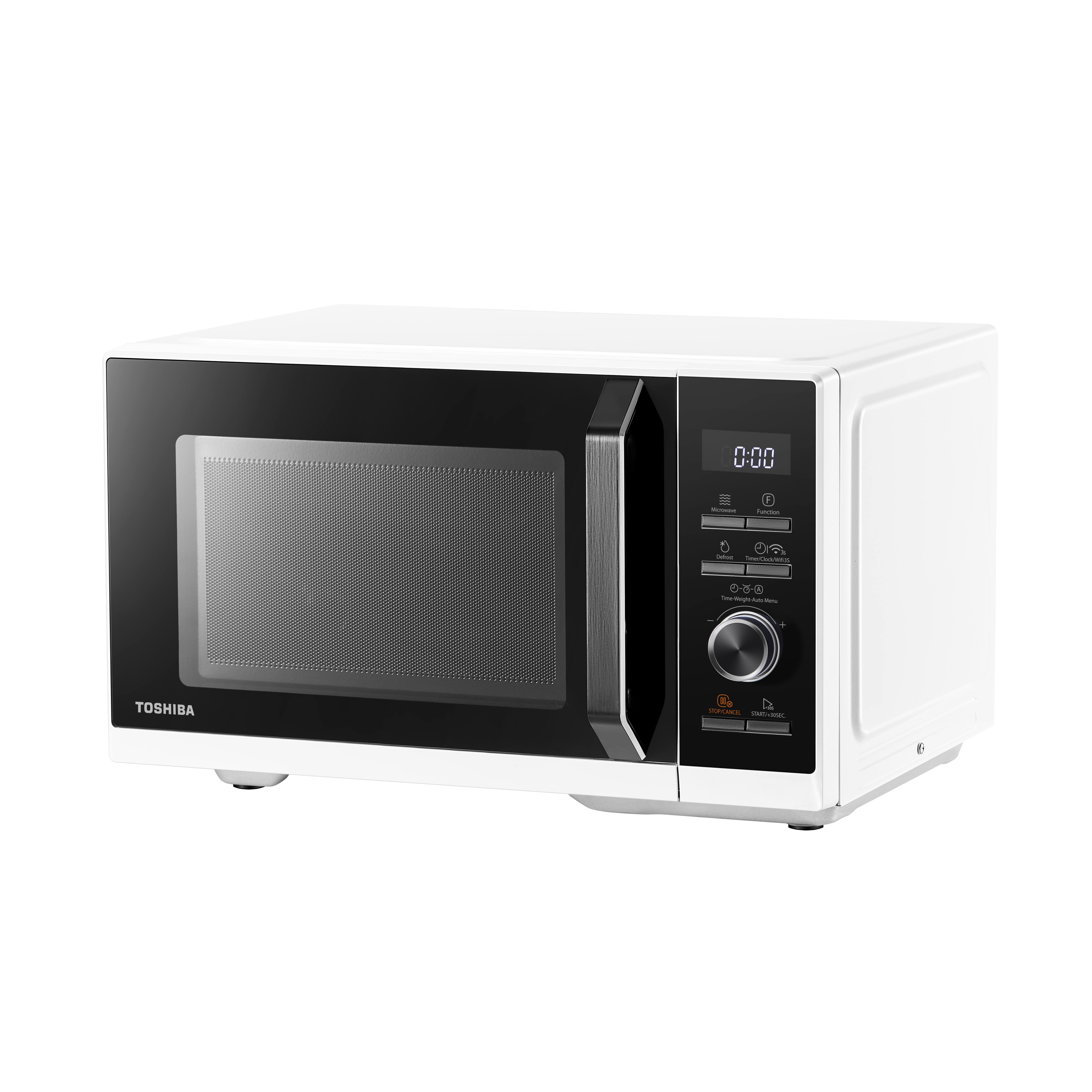 Weiße Toshiba Mikrowelle. Frontansicht mit schwarzer Tür und Bedienfeld.