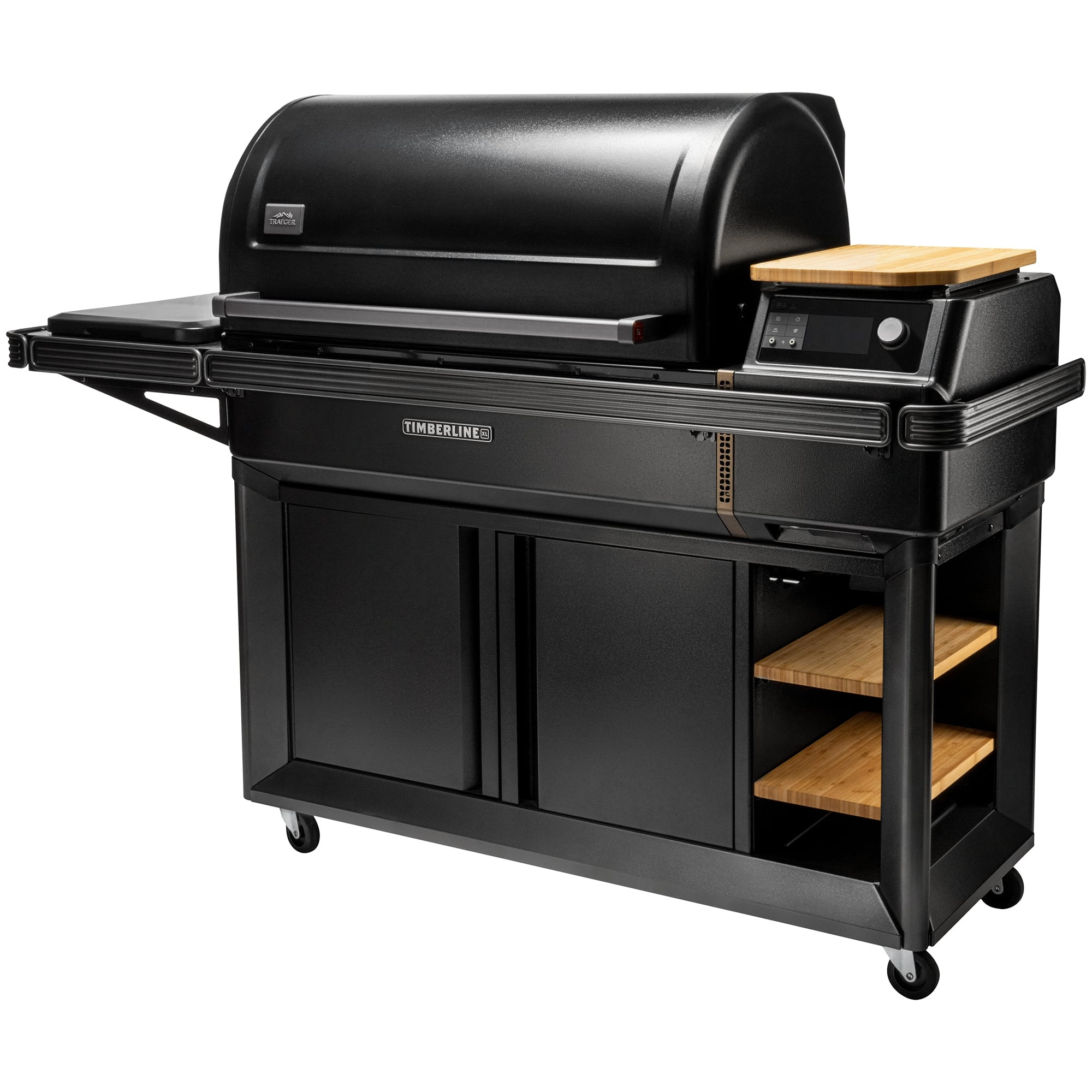 Parrilla negra para exteriores con estantes de madera y mesa lateral.