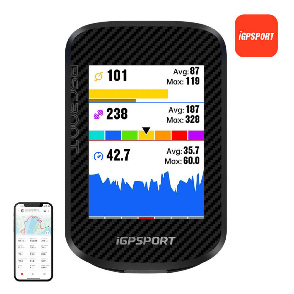 GPS-Fahrradcomputer zeigt Daten. Kleines Telefon mit Karte sichtbar.