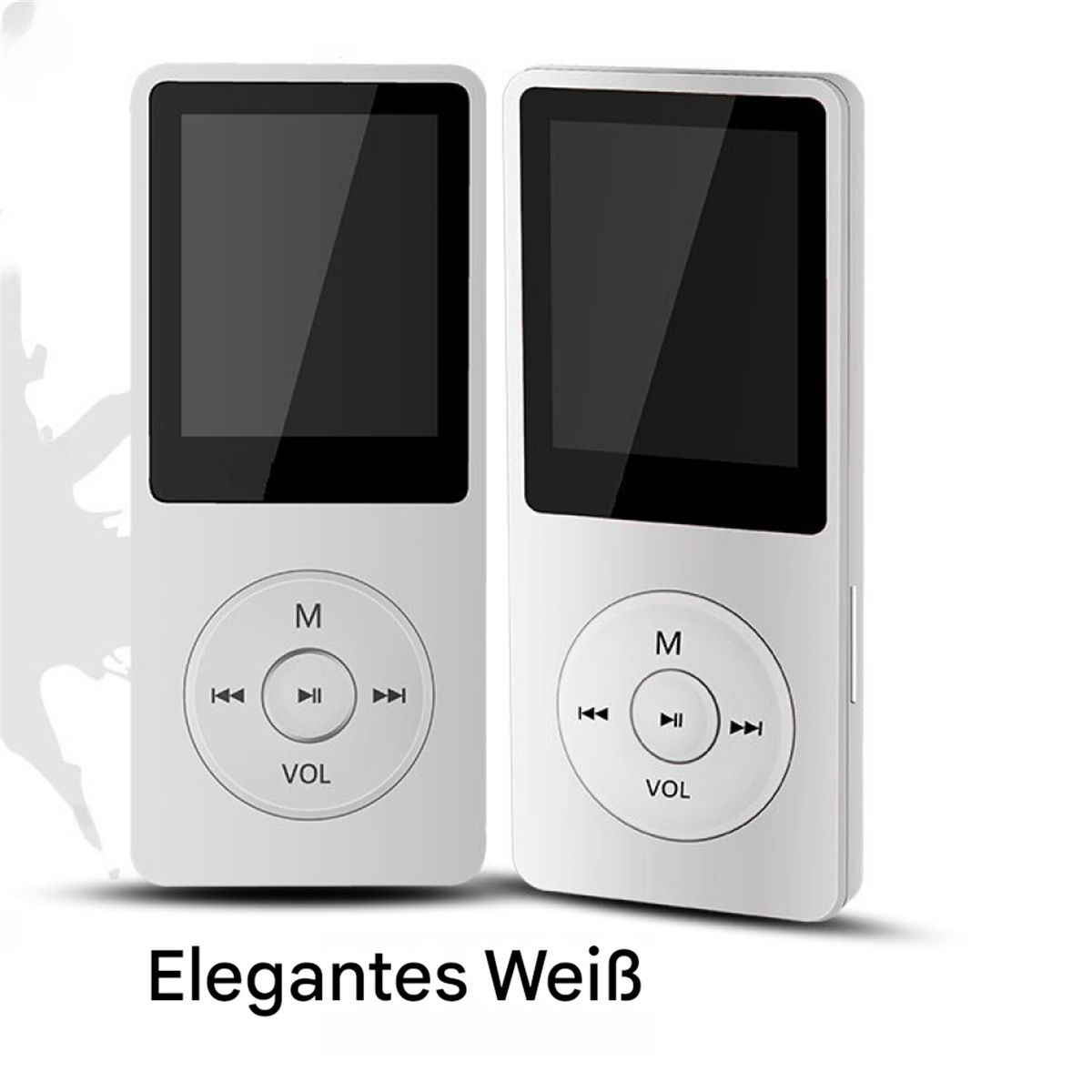 Zwei weiße MP3-Player mit Bildschirmen und dem Text 'Elegantes Weiß'.