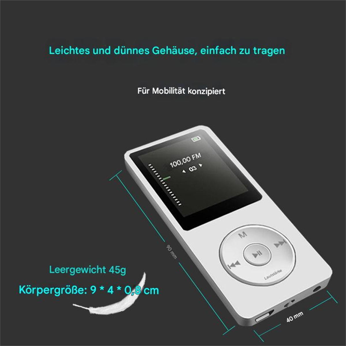Weißer MP3-Player mit Bildschirm, Abmessungen angegeben. Text: 'Leichtes und dünnes Gehäuse, einfach zu tragen'.