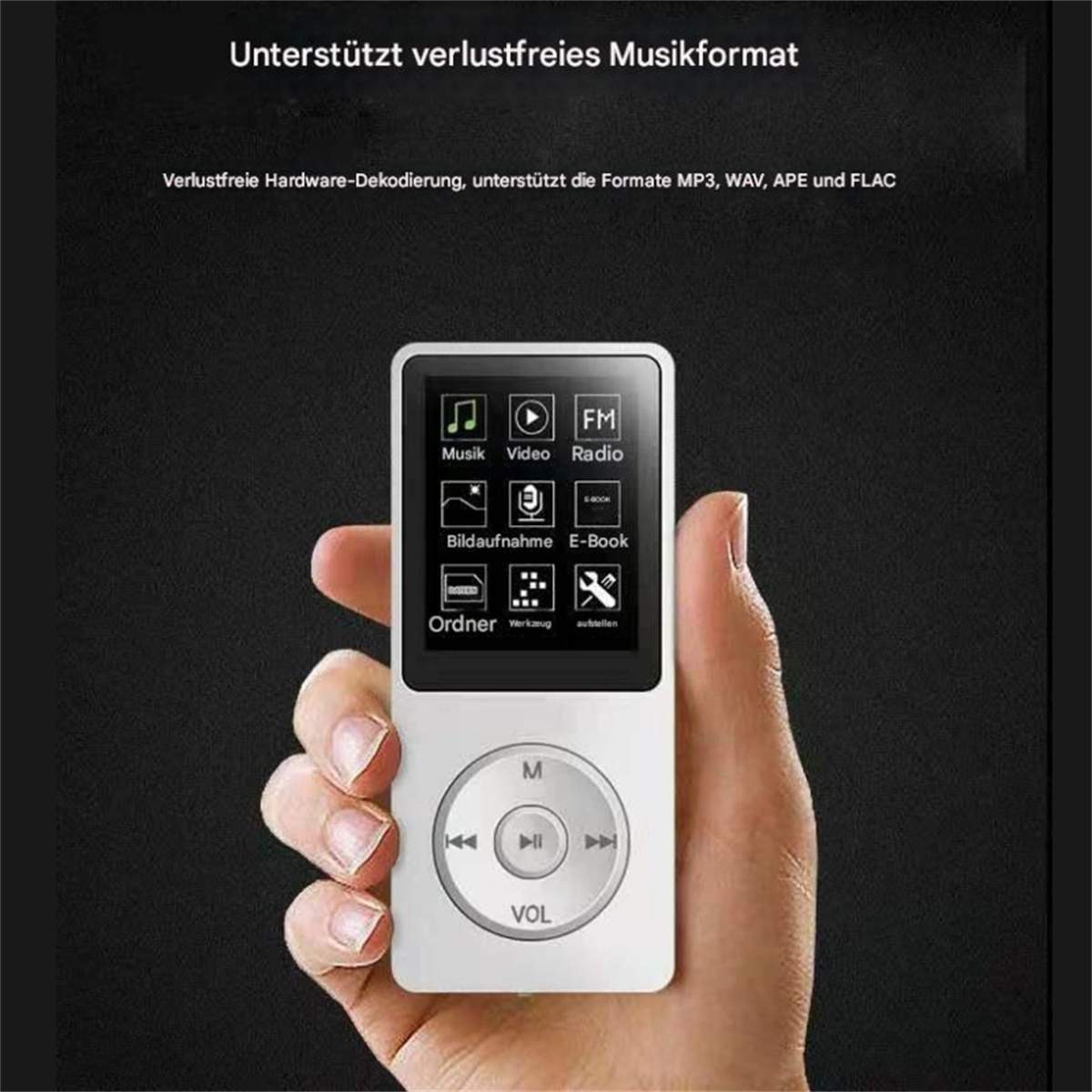 Eine Hand hält einen weißen MP3-Player mit einem Bildschirm, der Musik, Video, Radio usw. anzeigt.