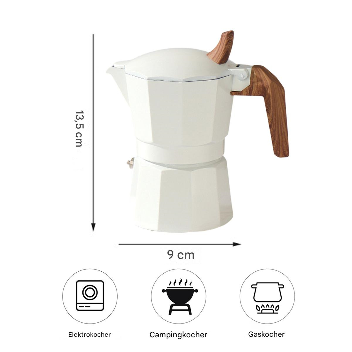 Ein weißer und hölzerner Kaffeezubereiter mit Maßen und drei Symbolen.