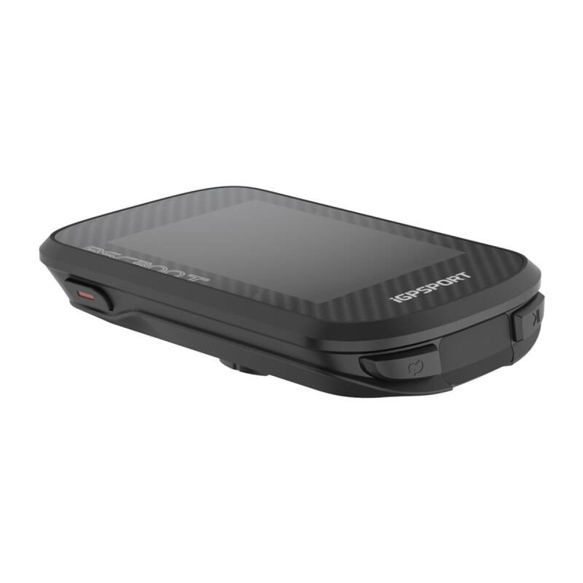 Ein schwarzes GPS-Gerät. Der Bildschirm ist eingeschaltet. Das Gerät hat zwei Knöpfe und den Markennamen IGPSPORT.