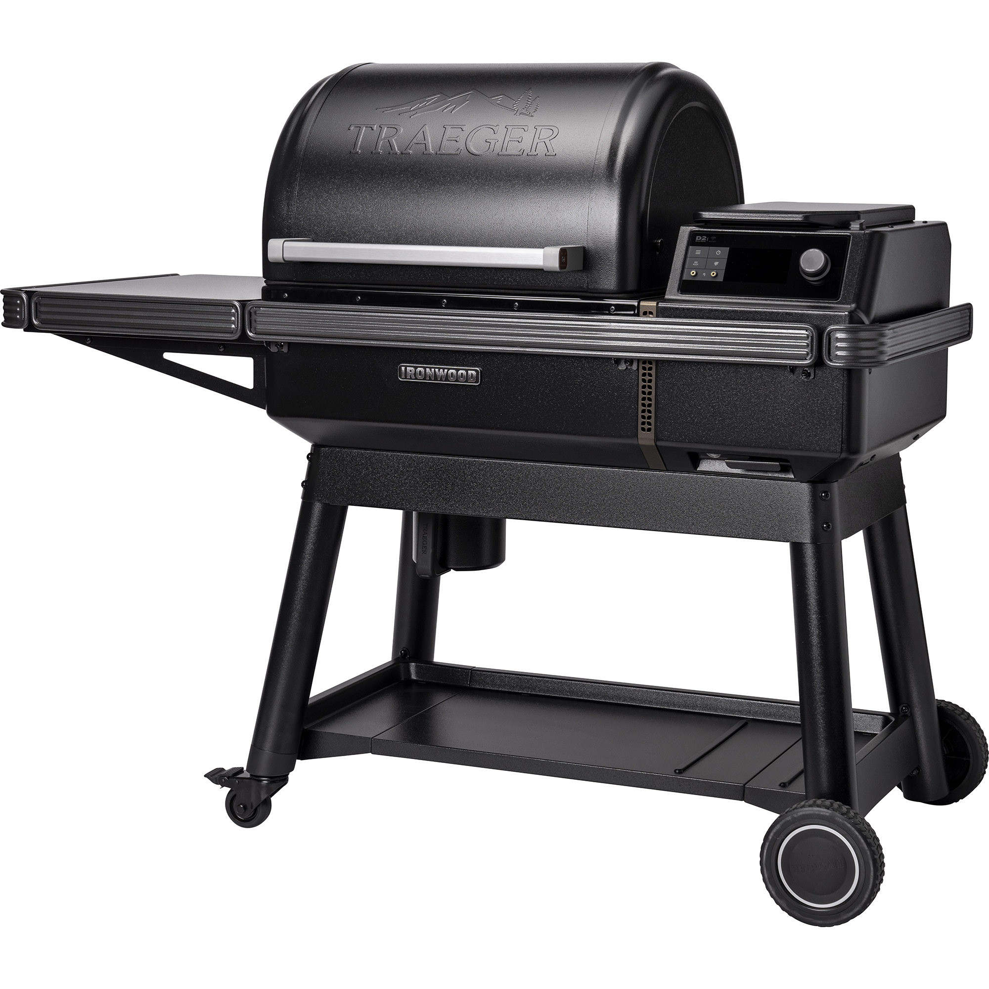 Parrilla Traeger Ironwood negra con estante lateral y ruedas. Panel de control digital visible.
