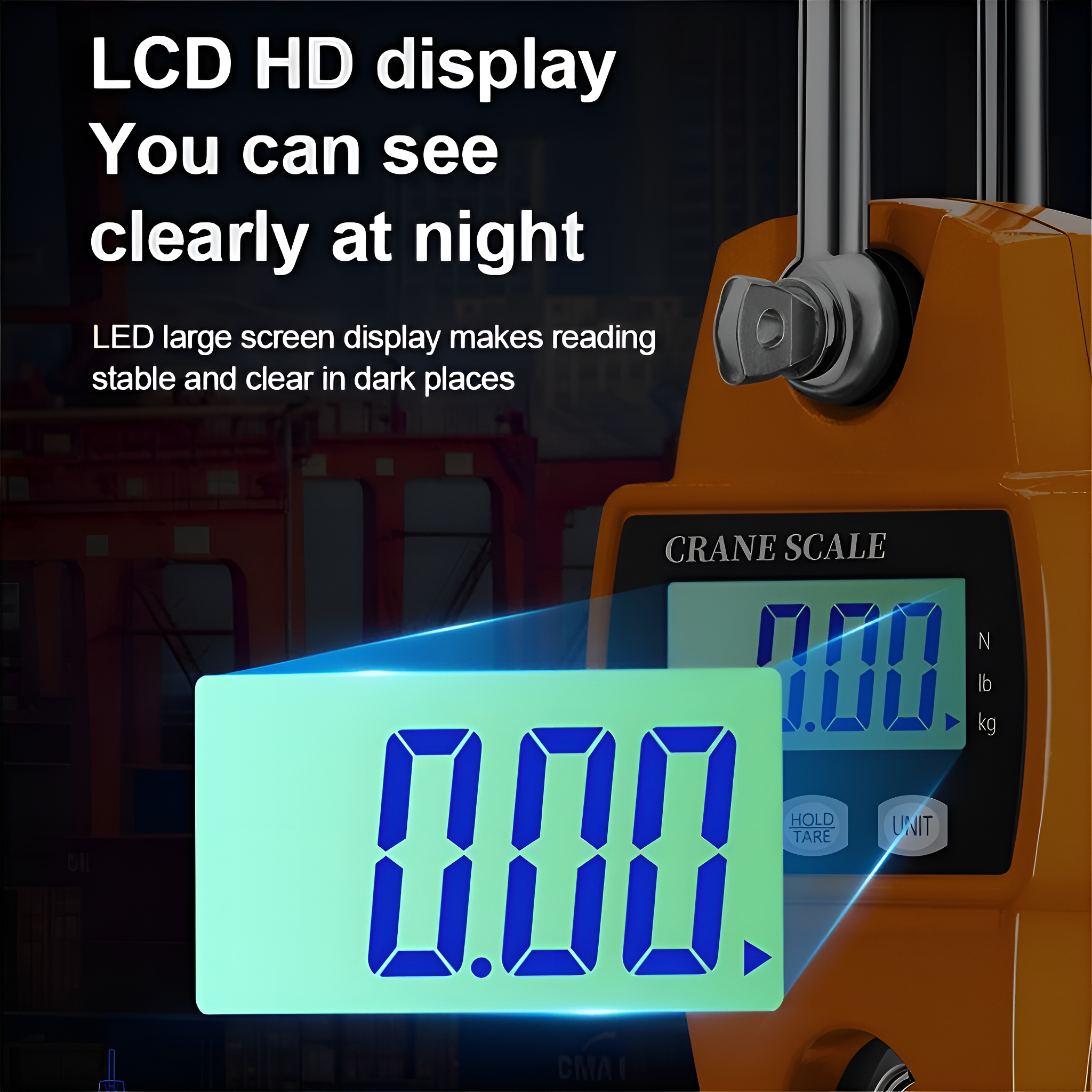 Digitalwaage mit Anzeige 0,00 in großer blauer Schrift. Text: LCD HD-Anzeige.