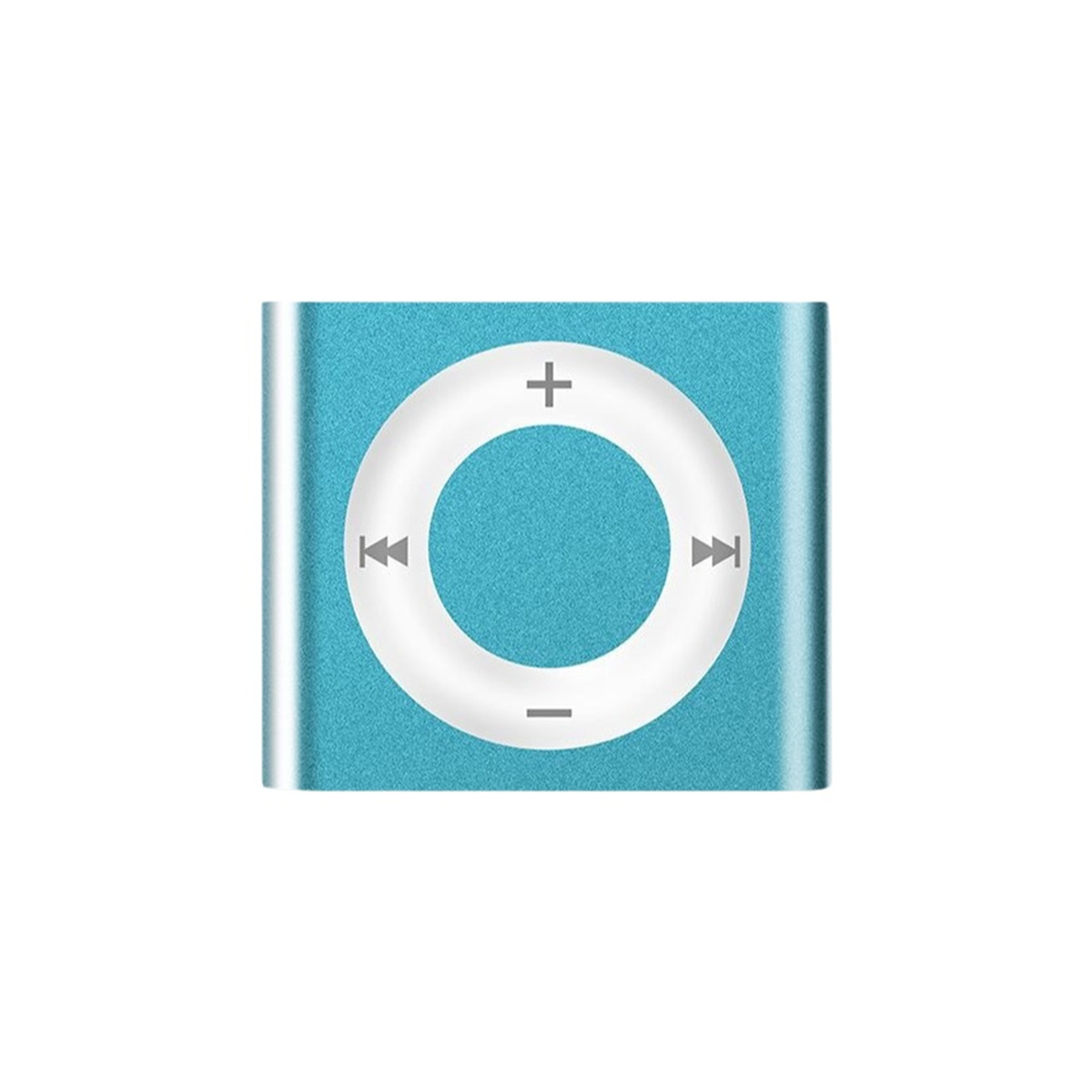 Blauer iPod Shuffle. Weißer Kreis mit Tasten: Plus, Minus, Vorwärts, Zurück. Silbernes Gehäuse.