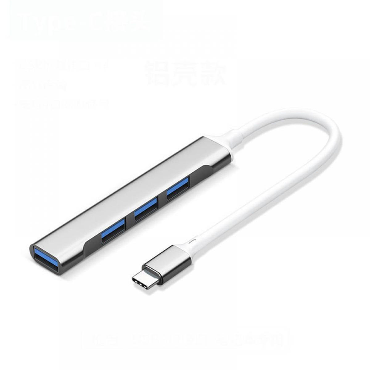 USB-Hub mit vier blauen USB-Anschlüssen und weißem Kabel mit USB-C-Stecker.
