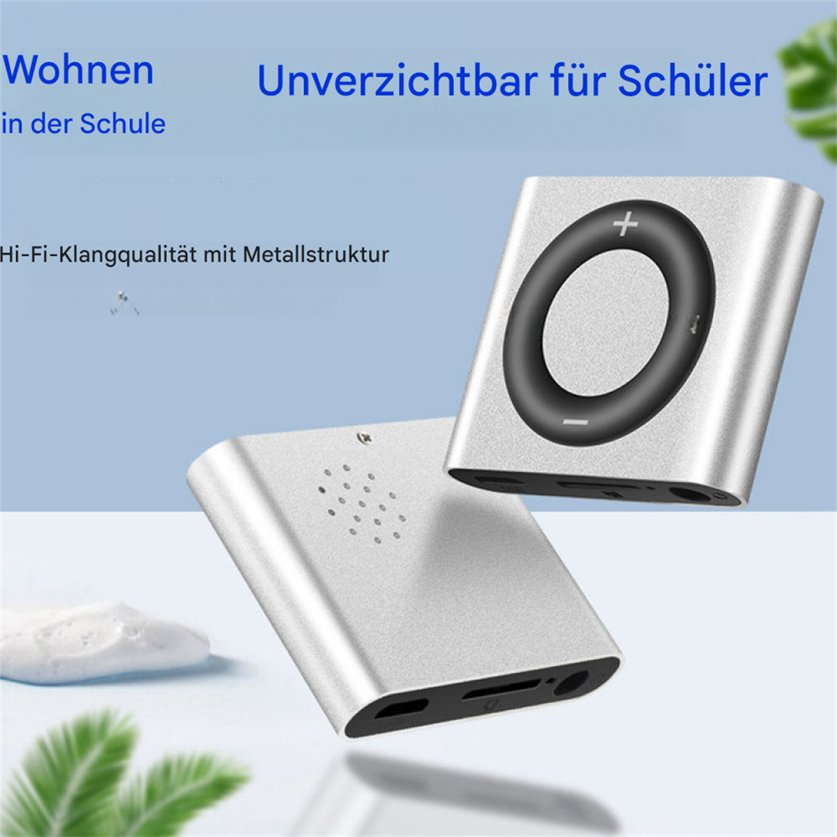 Zwei silberne Audioplayer mit einem schwarzen Kreis und einem Pluszeichen auf einem.