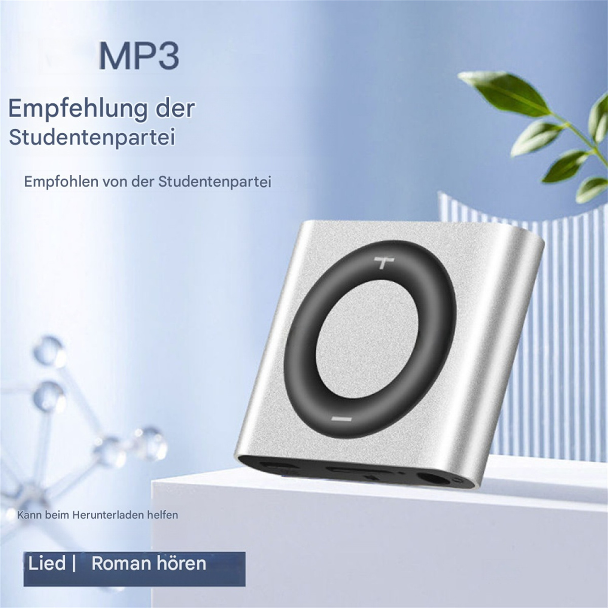 Silberner MP3-Player mit schwarzem Kreistaste. Text sagt MP3 und andere Funktionen.