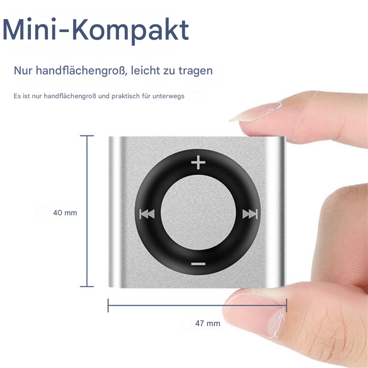 Silberner MP3-Player mit schwarzem, kreisförmigem Bedienfeld. Eine Hand hält ihn.