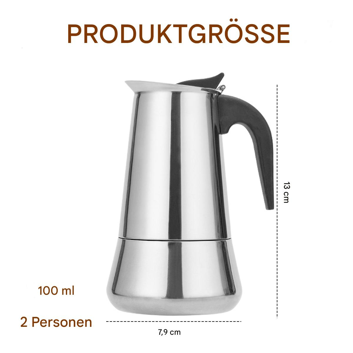 Ein silberner Espressokocher für den Herd, mit einem schwarzen Griff. Abmessungen in Zentimetern angegeben.
