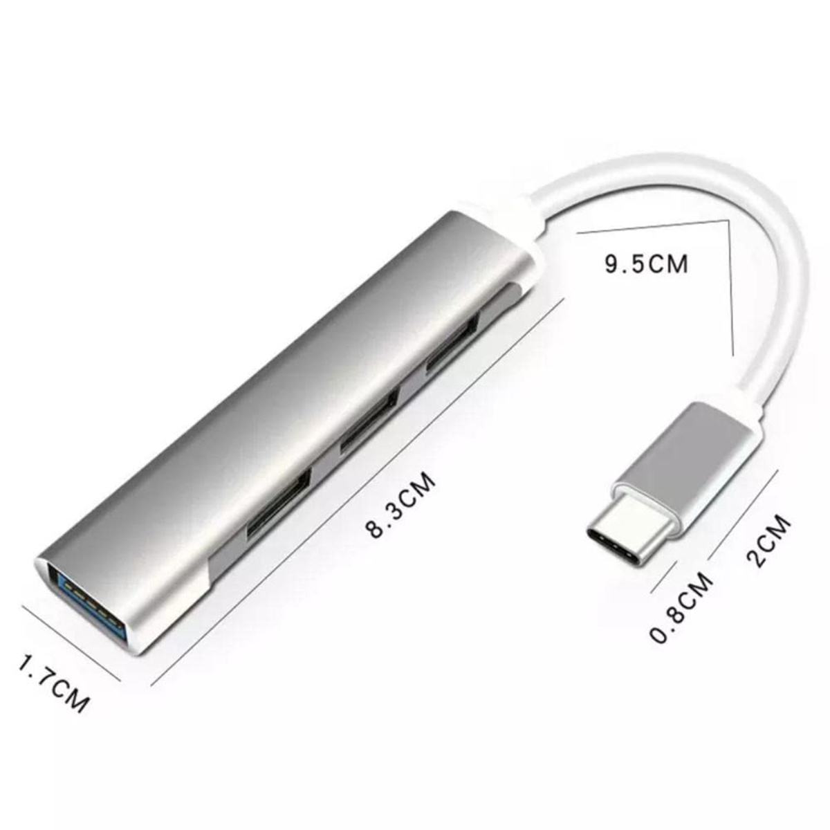 Silberner USB-Hub mit mehreren Anschlüssen und einem USB-C-Anschluss, Abmessungen sind angegeben.