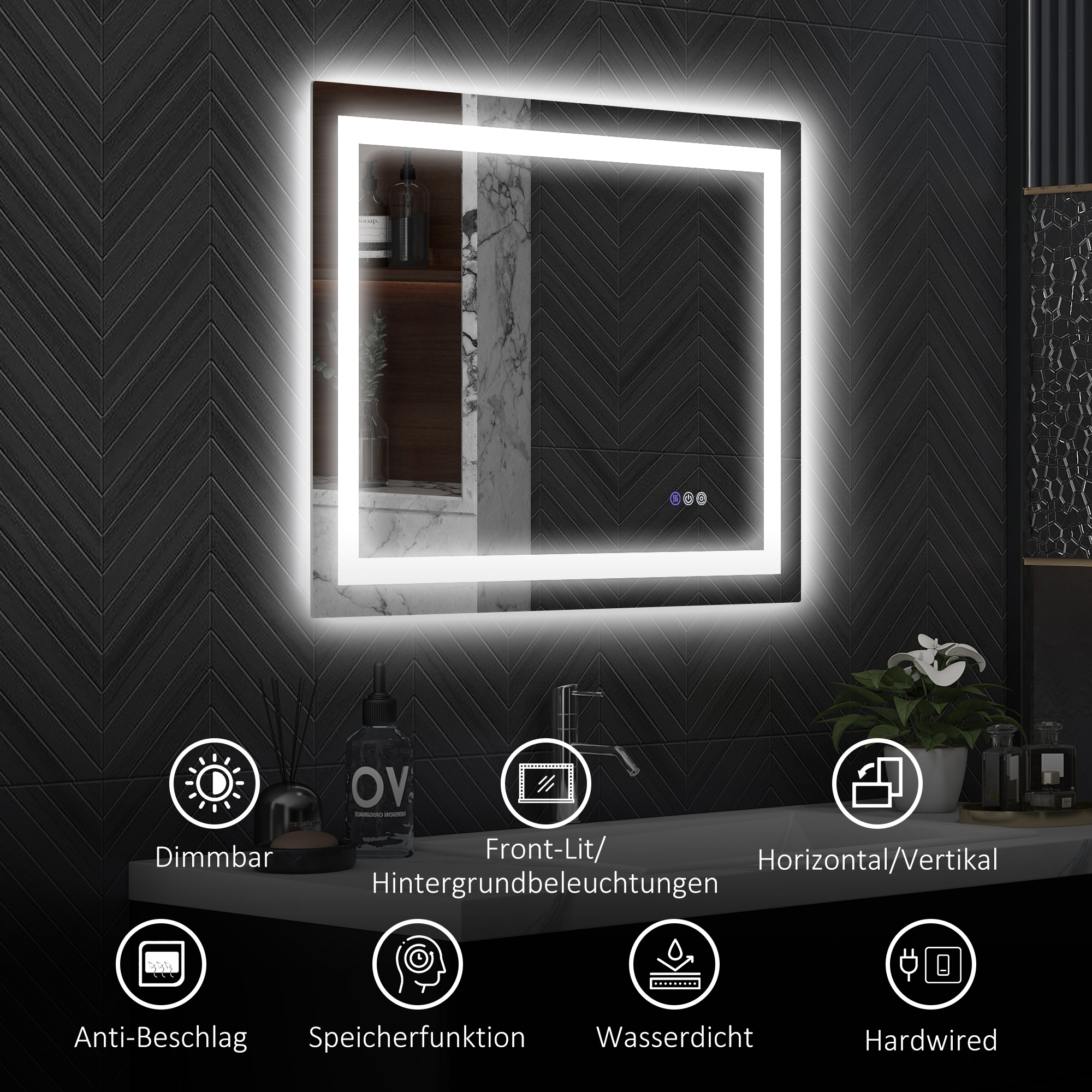 Ein beleuchteter quadratischer Spiegel mit Touch-Bedienelementen, mit Symbolen verschiedener Funktionen, in einem Badezimmer.