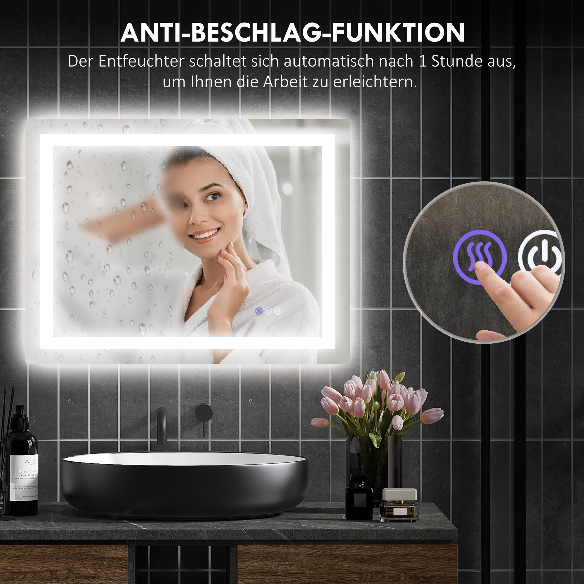 Badezimmerspiegel mit Frau und Touch-Bedienelementen. Der Spiegel hat ein weißes Licht und befindet sich über einem Waschbecken.