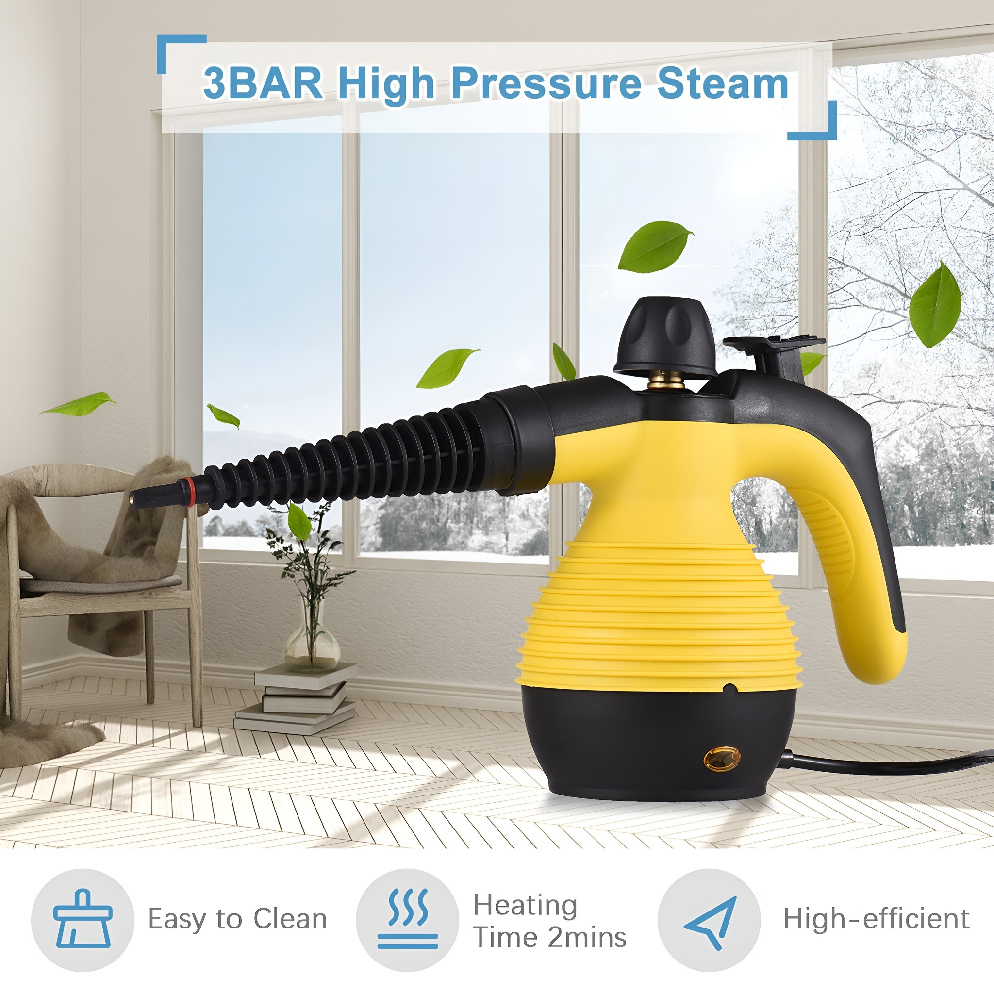 Ein gelb-schwarzer Dampfreiniger mit dem Text '3BAR High Pressure Steam'.