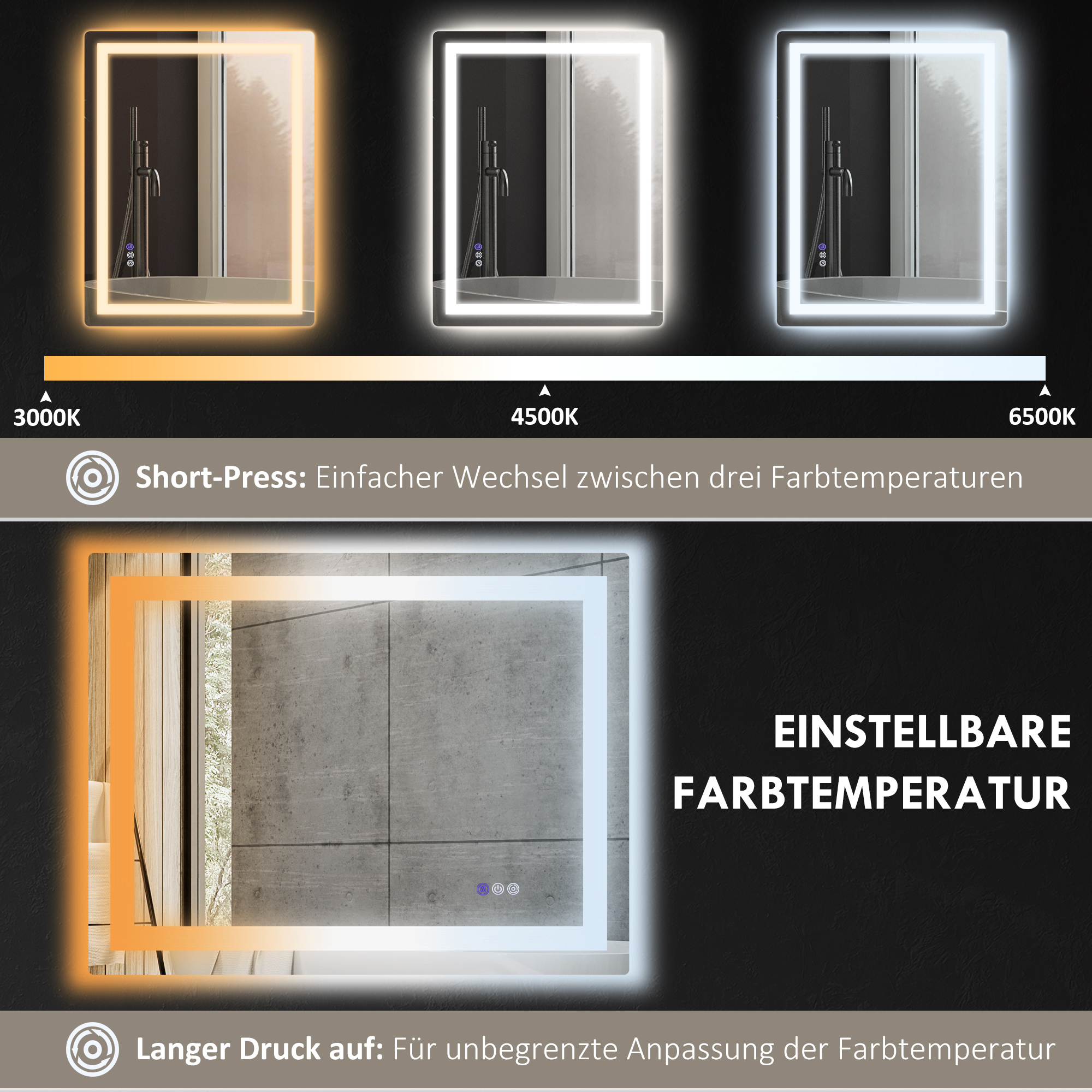 Drei beleuchtete Spiegel mit einstellbarer Farbtemperatur. Die Spiegel haben einen weißen Rahmen und sind an dunkler Wand.