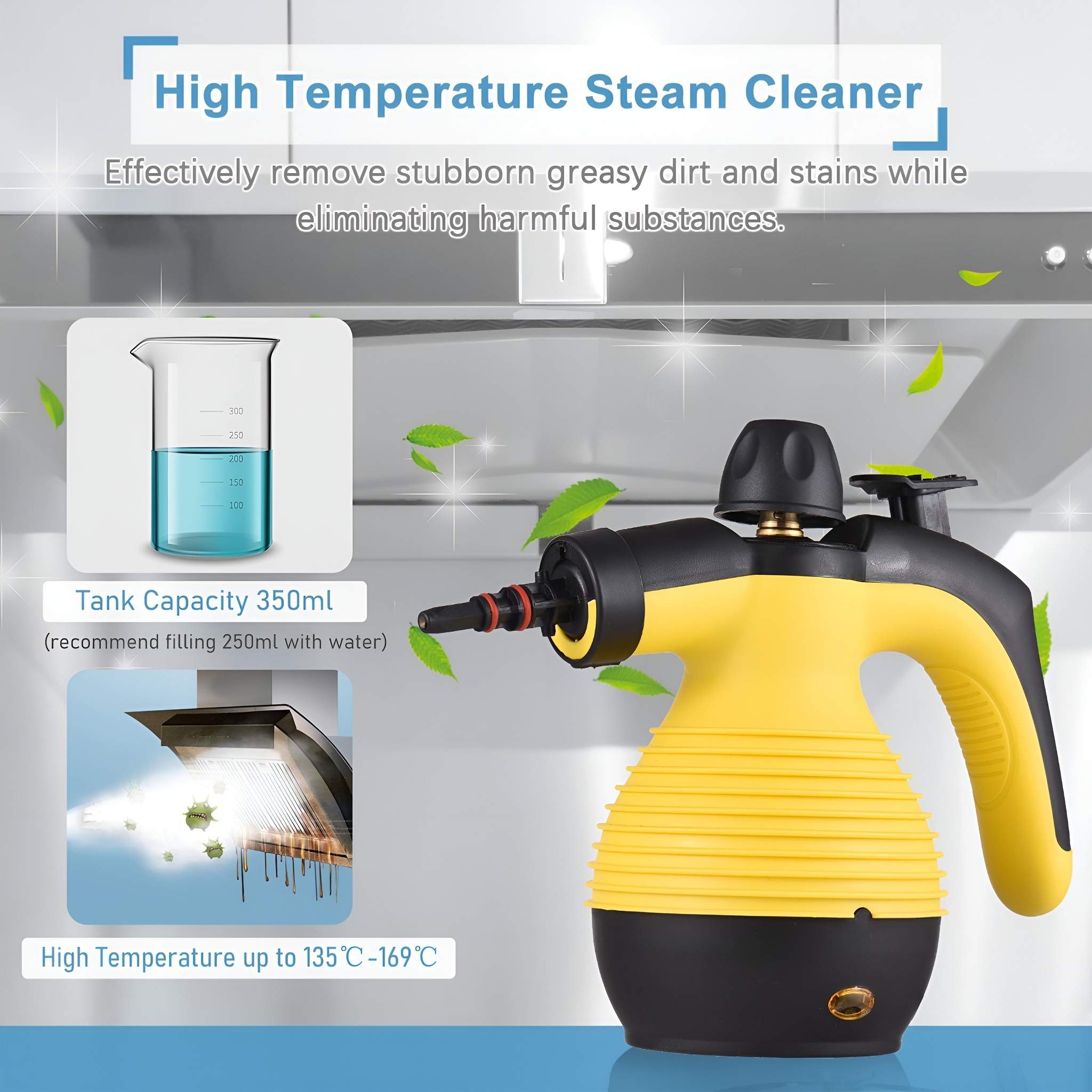 Hochtemperatur-Dampfreiniger. Gelb und schwarz mit Wassertank-Info.