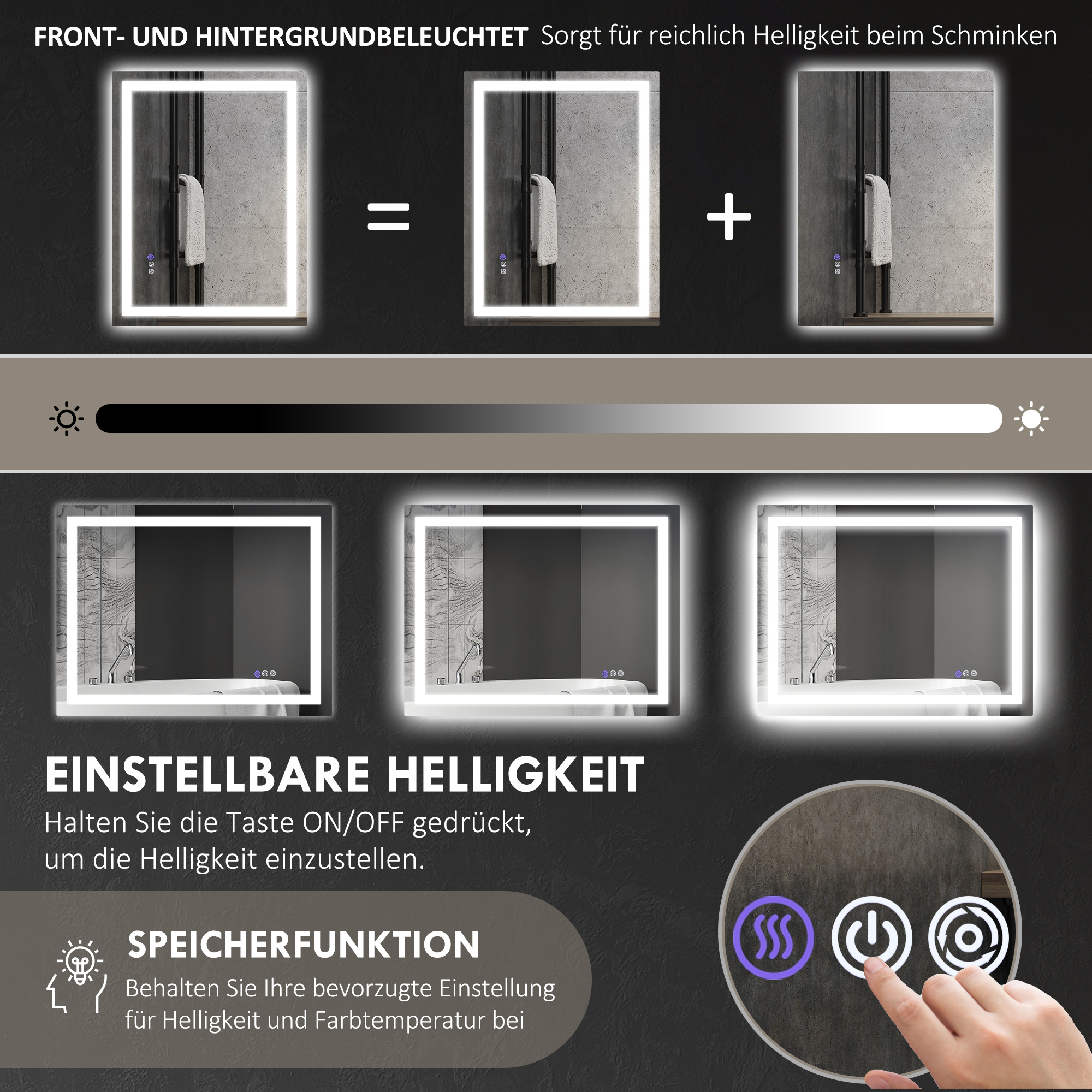 Ein Diagramm, das die Helligkeitsstufen eines Spiegels mit einstellbaren Einstellungen zeigt.