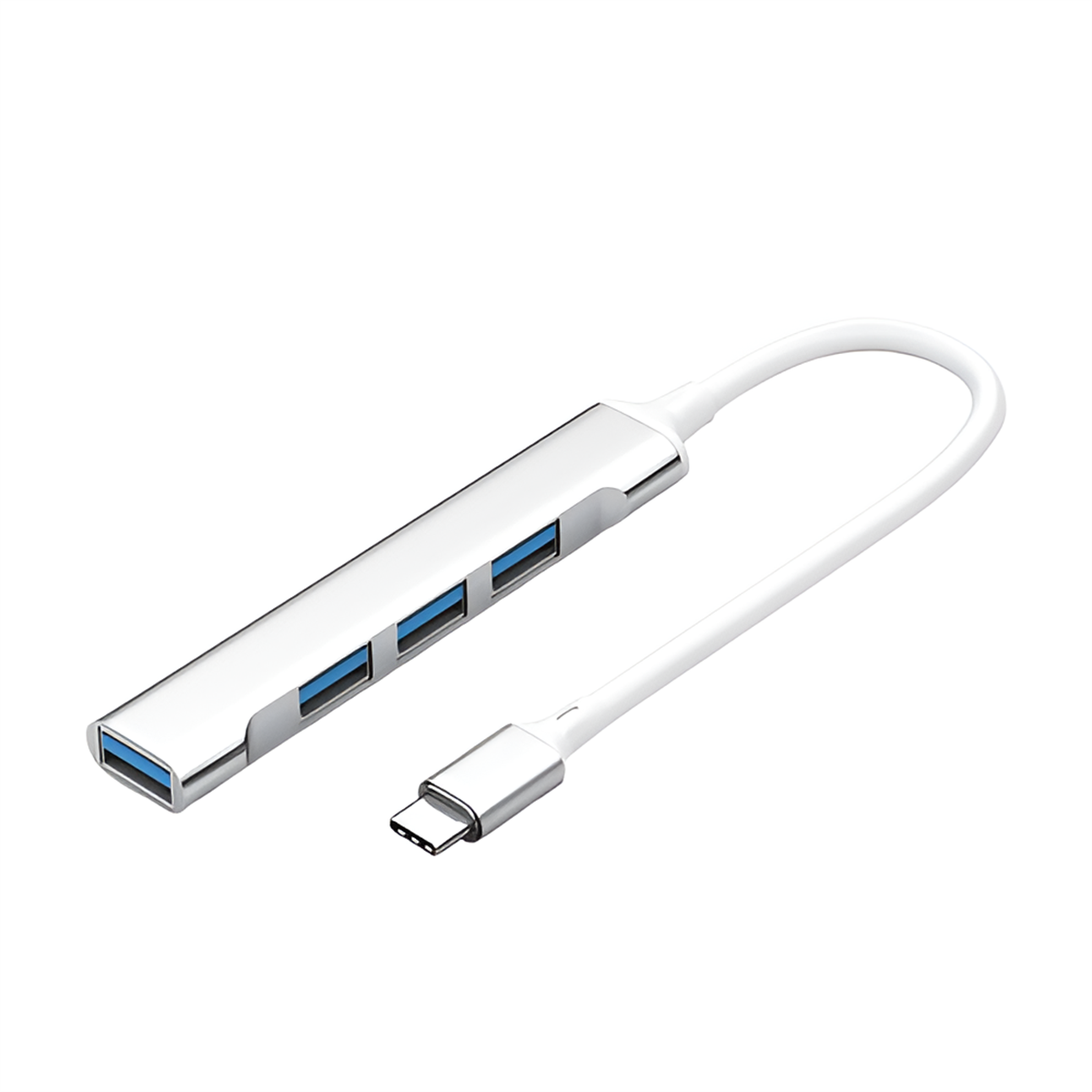 Ein silberner USB-Hub mit vier blauen USB-Anschlüssen. Er hat ein weißes Kabel und einen USB-C-Anschluss.