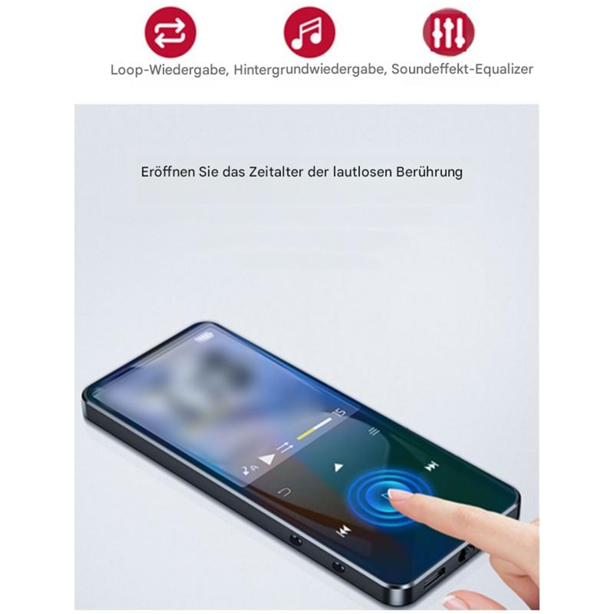 Schlankes schwarzes Gerät mit Touch-Bedienelementen, zeigt eine Musik-Player-Oberfläche. Hand berührt den Bildschirm.