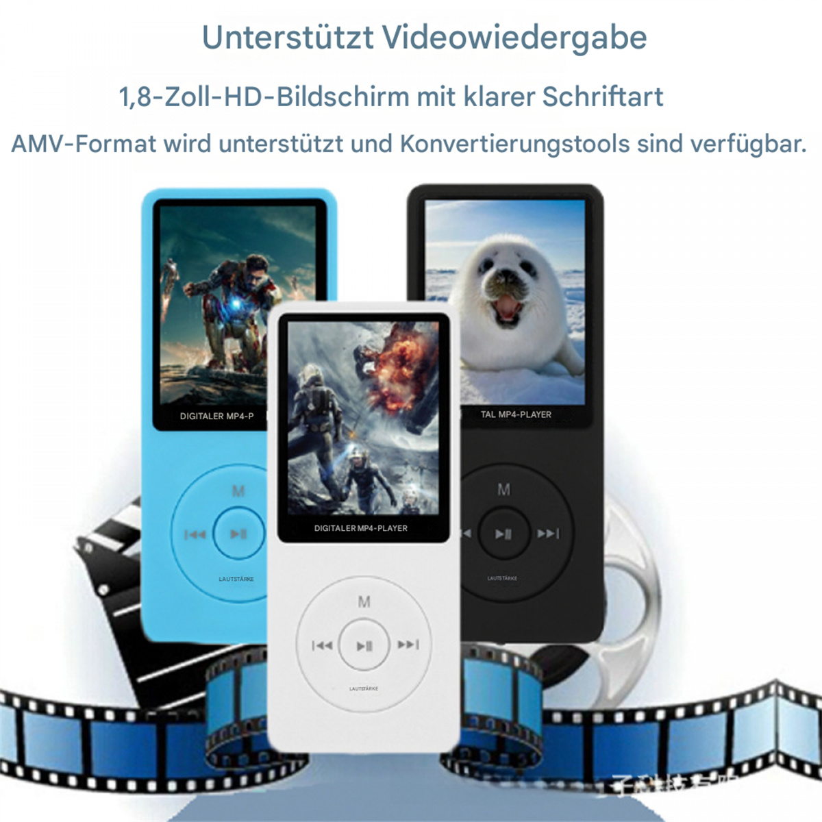 Drei MP4-Player: blau, weiß und schwarz. Jeder zeigt eine Filmszene.