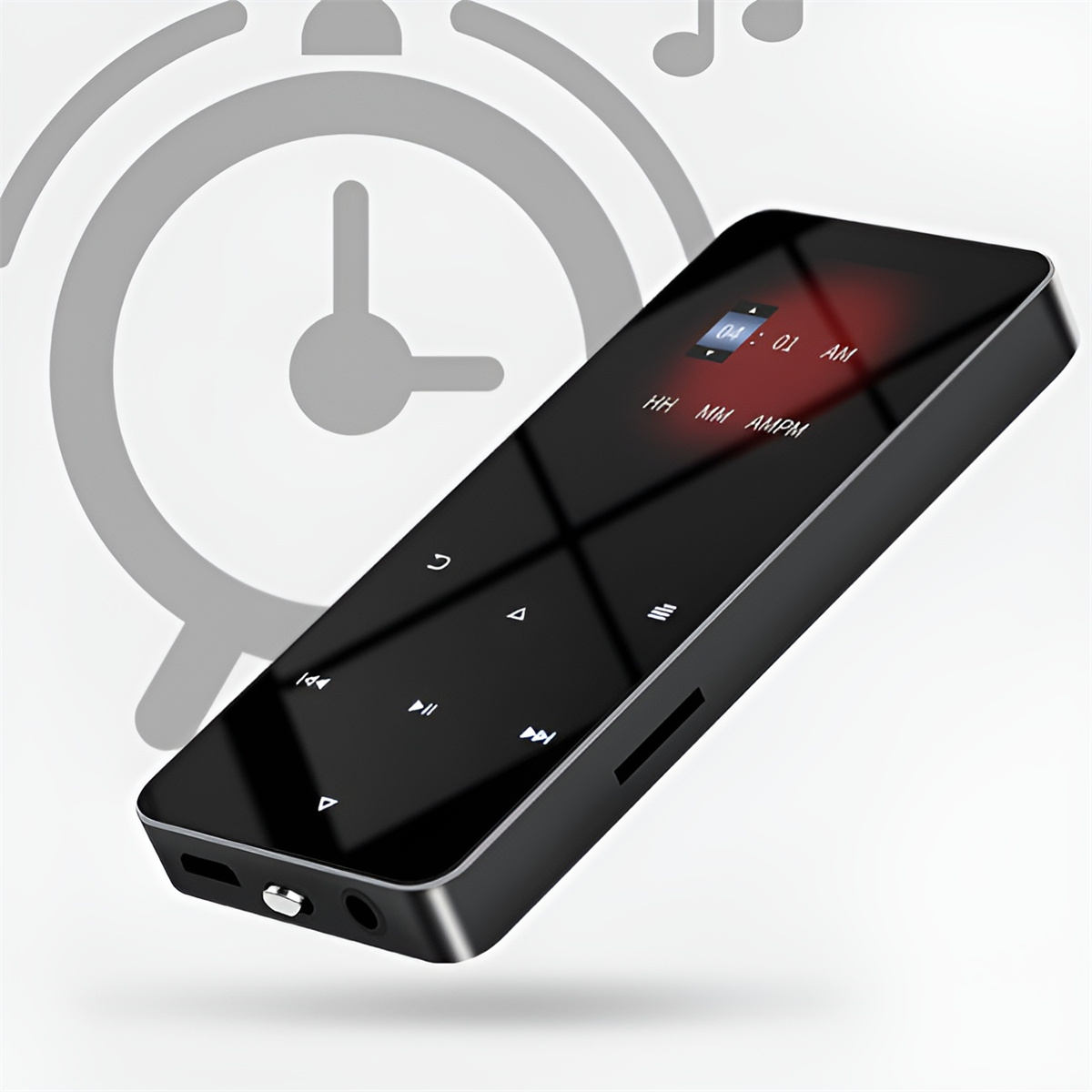 Schwarzer MP3-Player mit Zeitanzeige vor einer Uhrenkontur platziert.