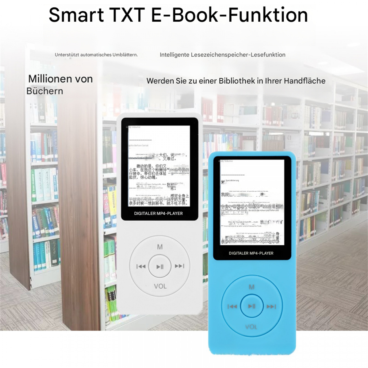 Zwei MP4-Player, einer weiß und einer blau, werden auf einem Bücherregal angezeigt. Der Bildschirm zeigt Text.