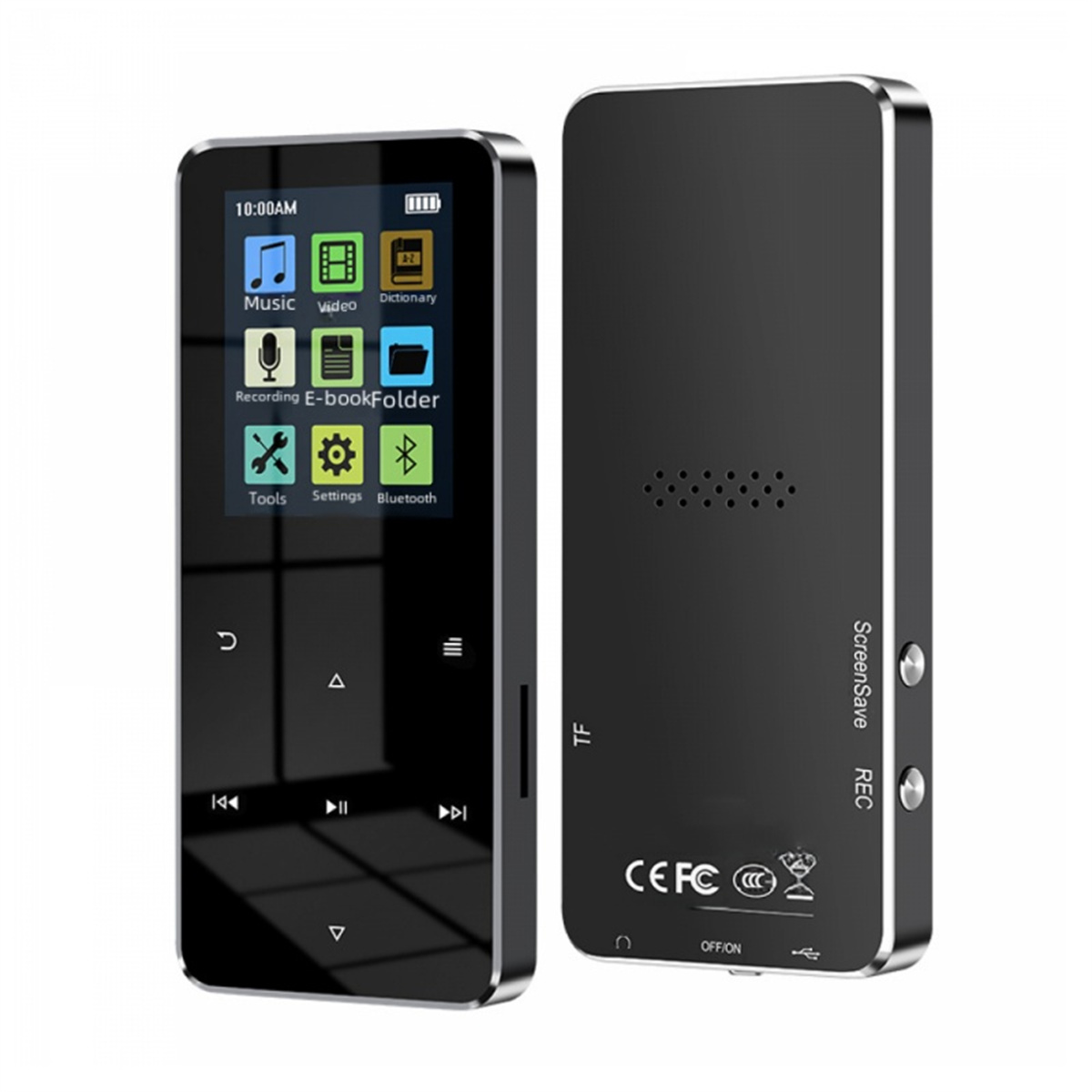 Schwarzer MP3-Player mit zwei Seiten. Eine zeigt Symbole, die andere ist leer.