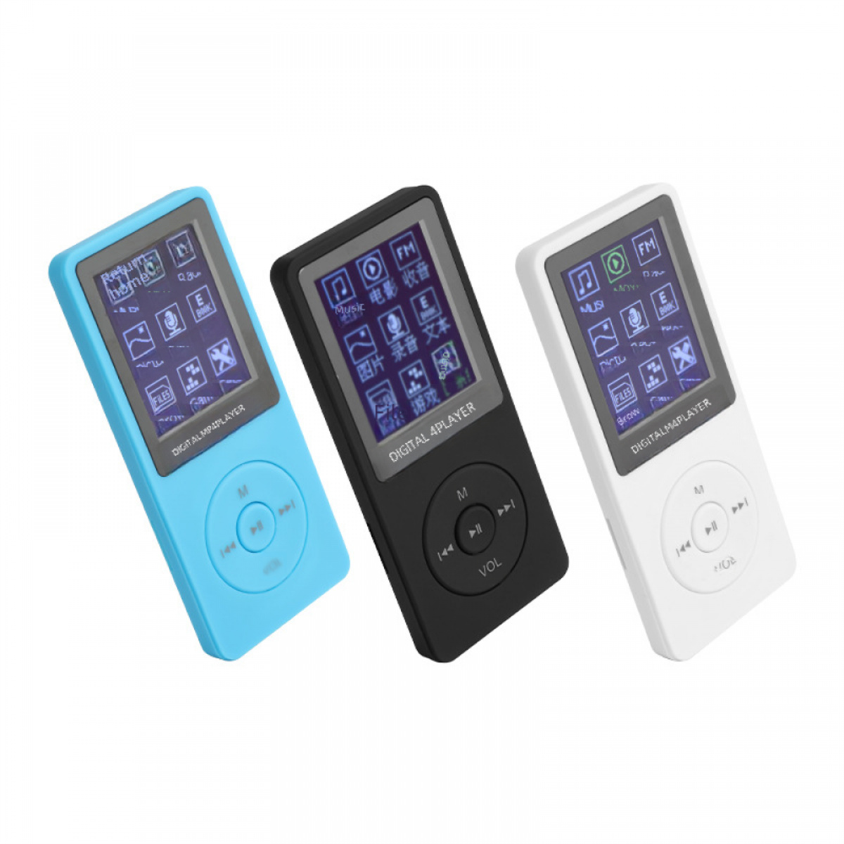 Drei MP3-Player in Blau, Schwarz und Weiß, jeder mit einem Bildschirm mit Symbolen.