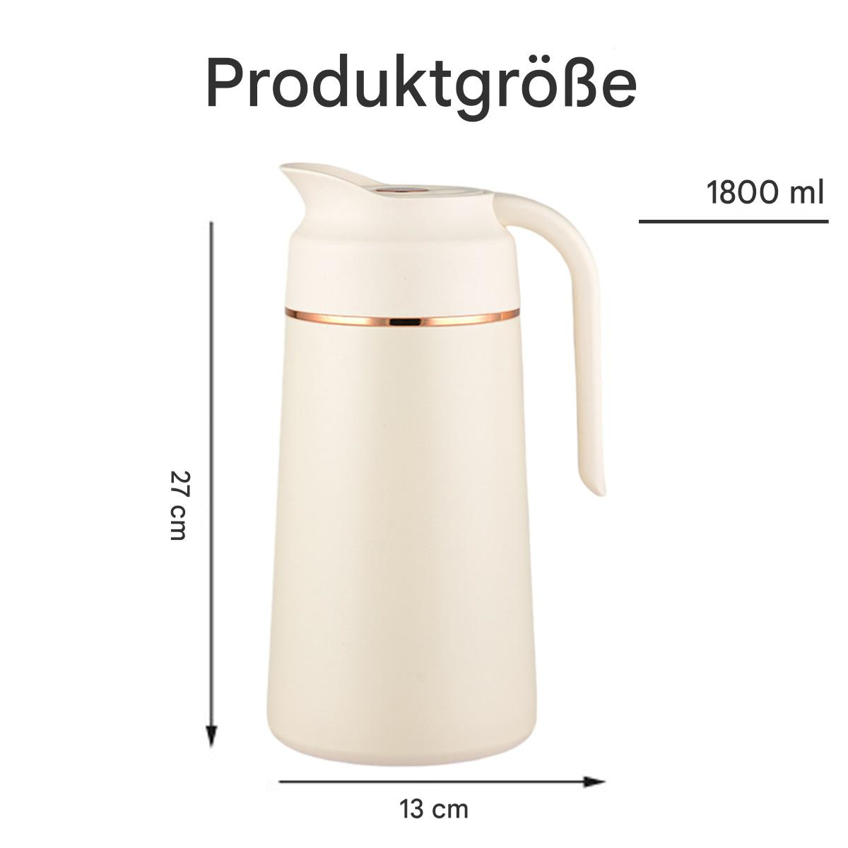 Beige Thermoskanne. Sie hat einen Griff und Maße sind angezeigt.