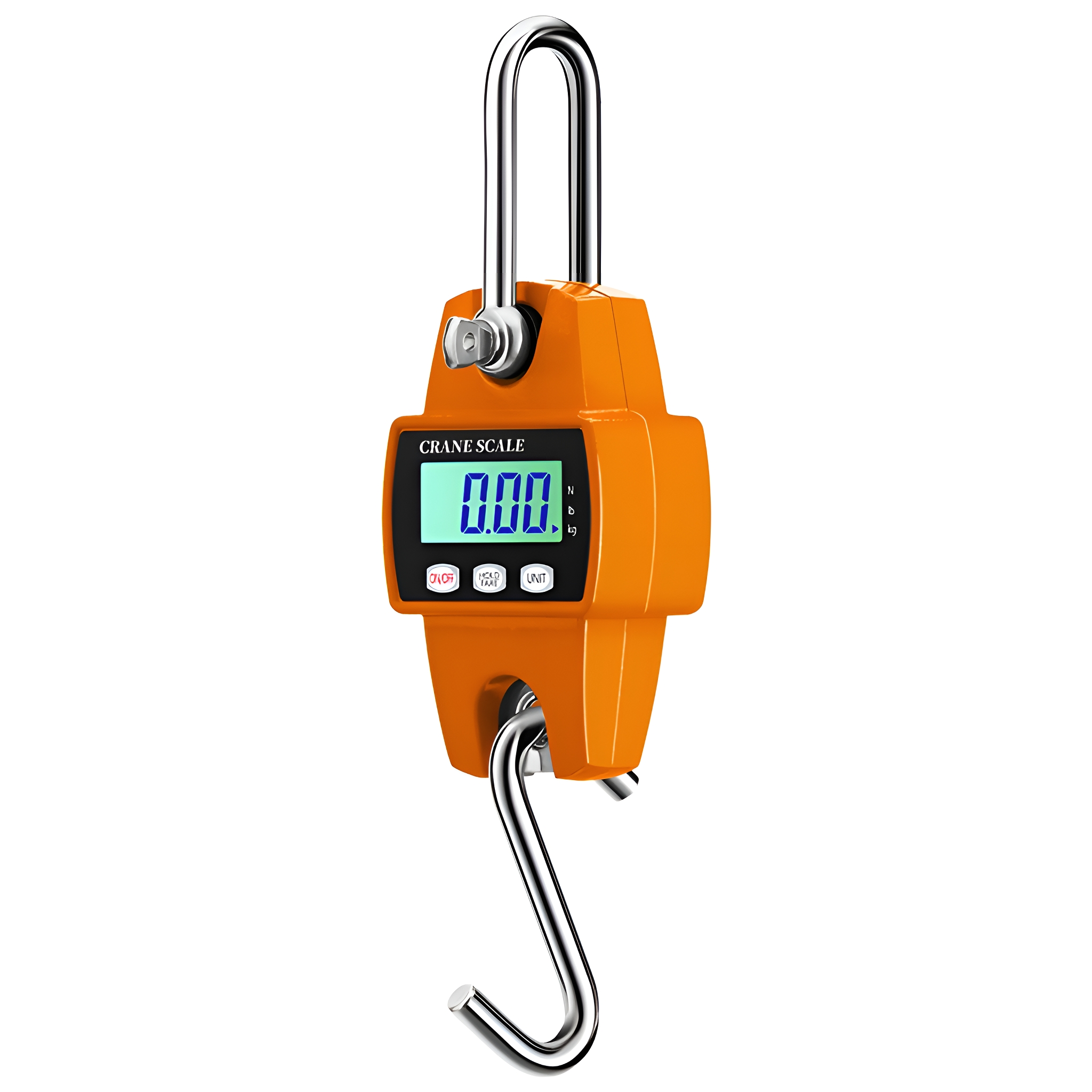 Eine orangefarbene Kranwaage mit Haken. Sie hat ein Display mit 0,00. Oben und unten ist ein Haken.