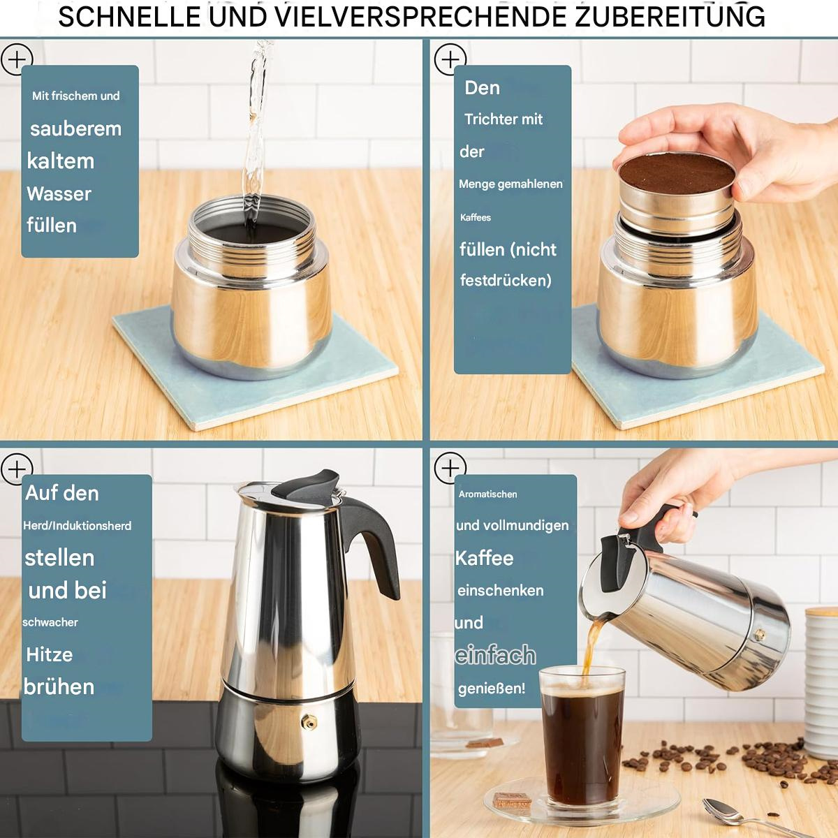 Vier Bilder, die zeigen, wie man Kaffee zubereitet. Wasser gießen, Kaffee hinzufügen, auf dem Herd.