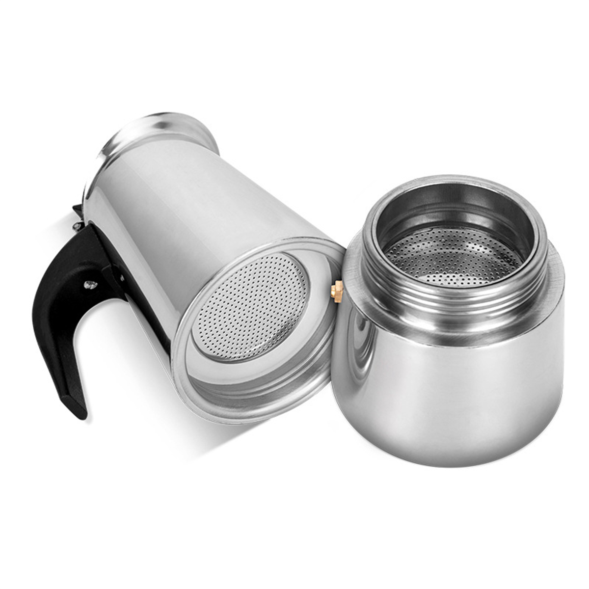 Eine zerlegte Kaffeemaschine aus Edelstahl, die den Filter und die separaten Basiskomponenten zeigt.