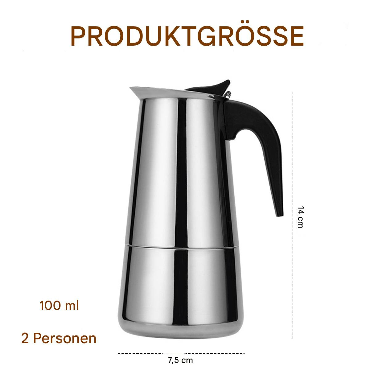 Eine silberne Kaffeemaschine mit schwarzem Griff und Messungen im Bild.