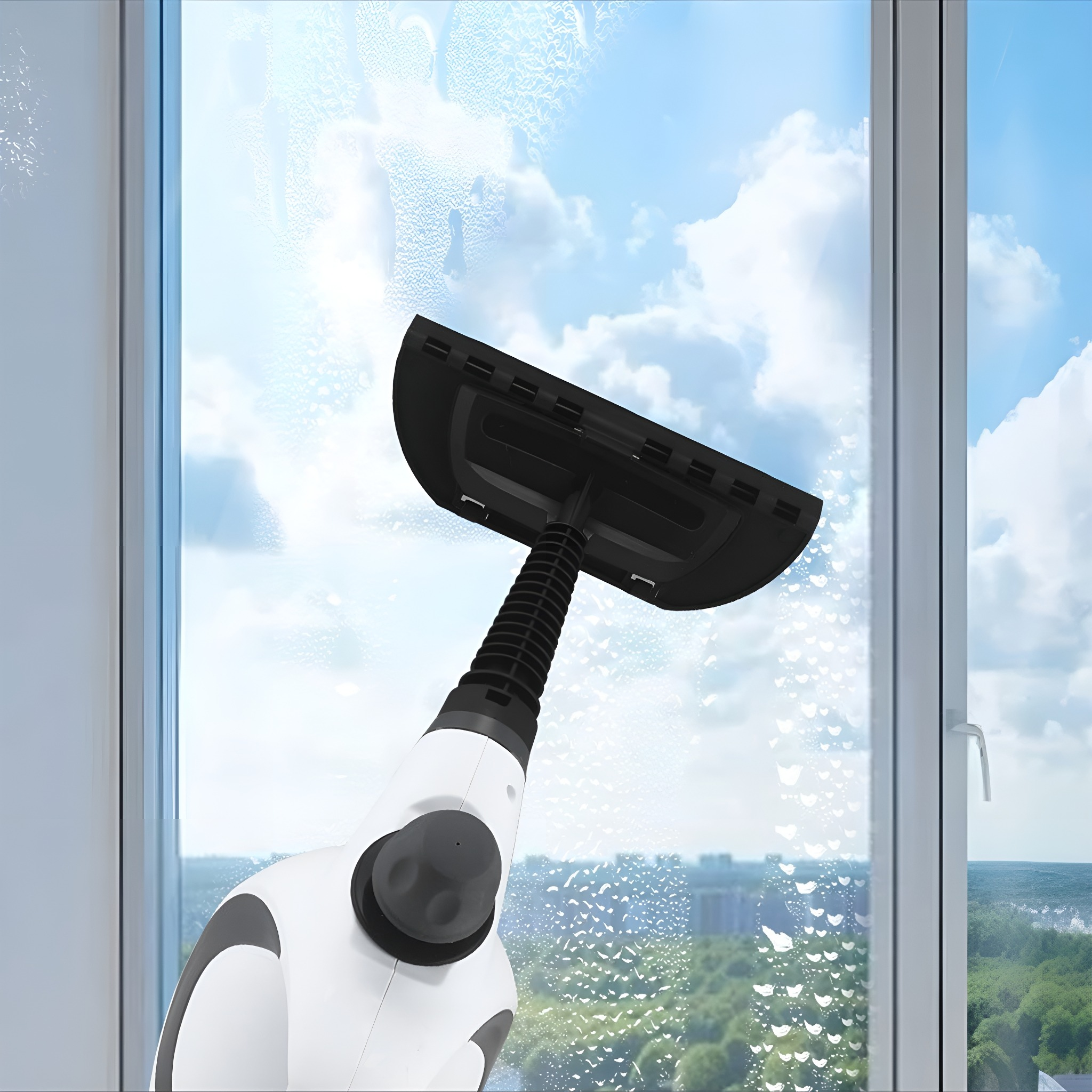 Ein Fenster wird mit einem Dampfreiniger gereinigt. Der Himmel und die Wolken sind durch das Glas sichtbar.