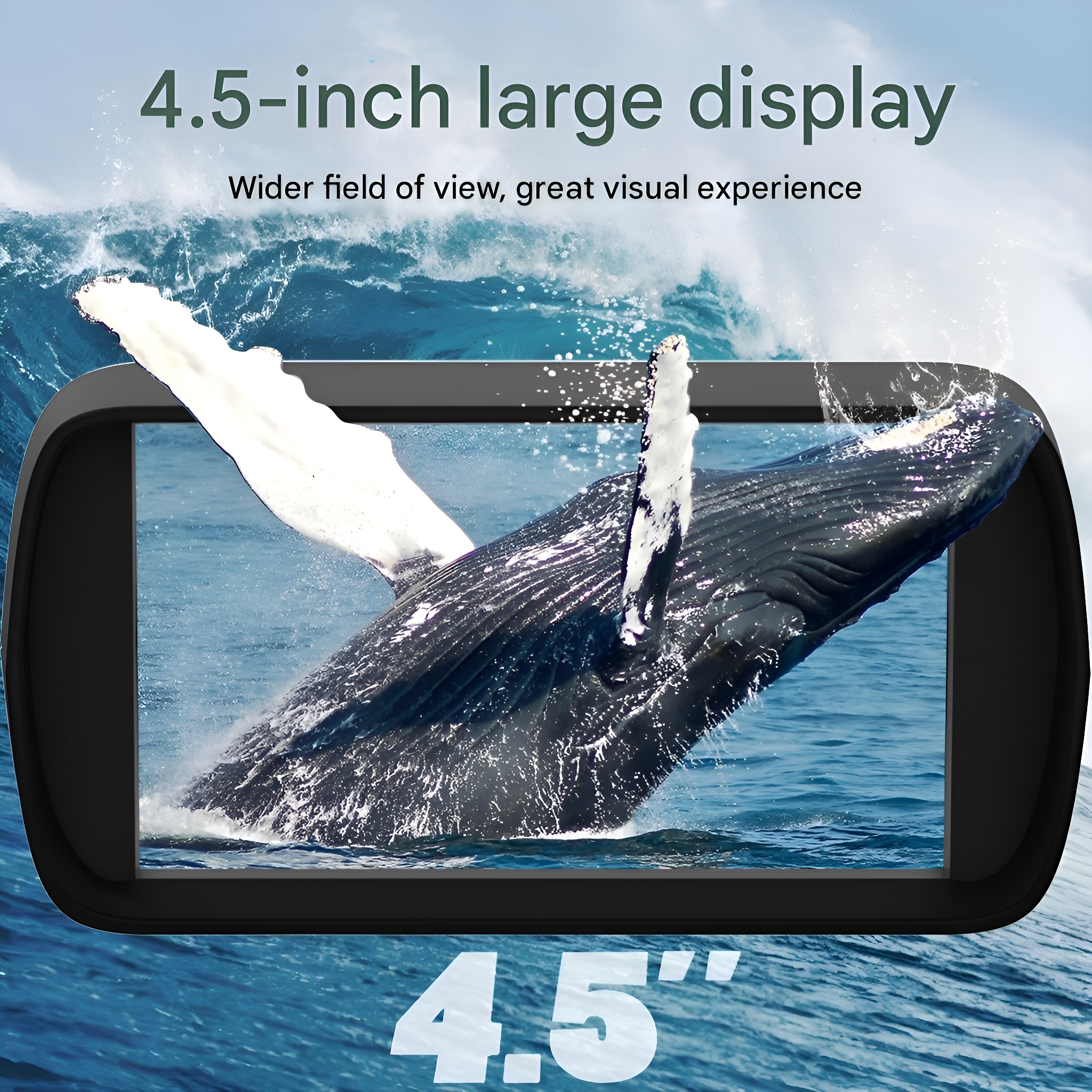 Ein 4,5-Zoll-Display zeigt einen springenden Wal, mit Text überlagert. Blauer Hintergrund.