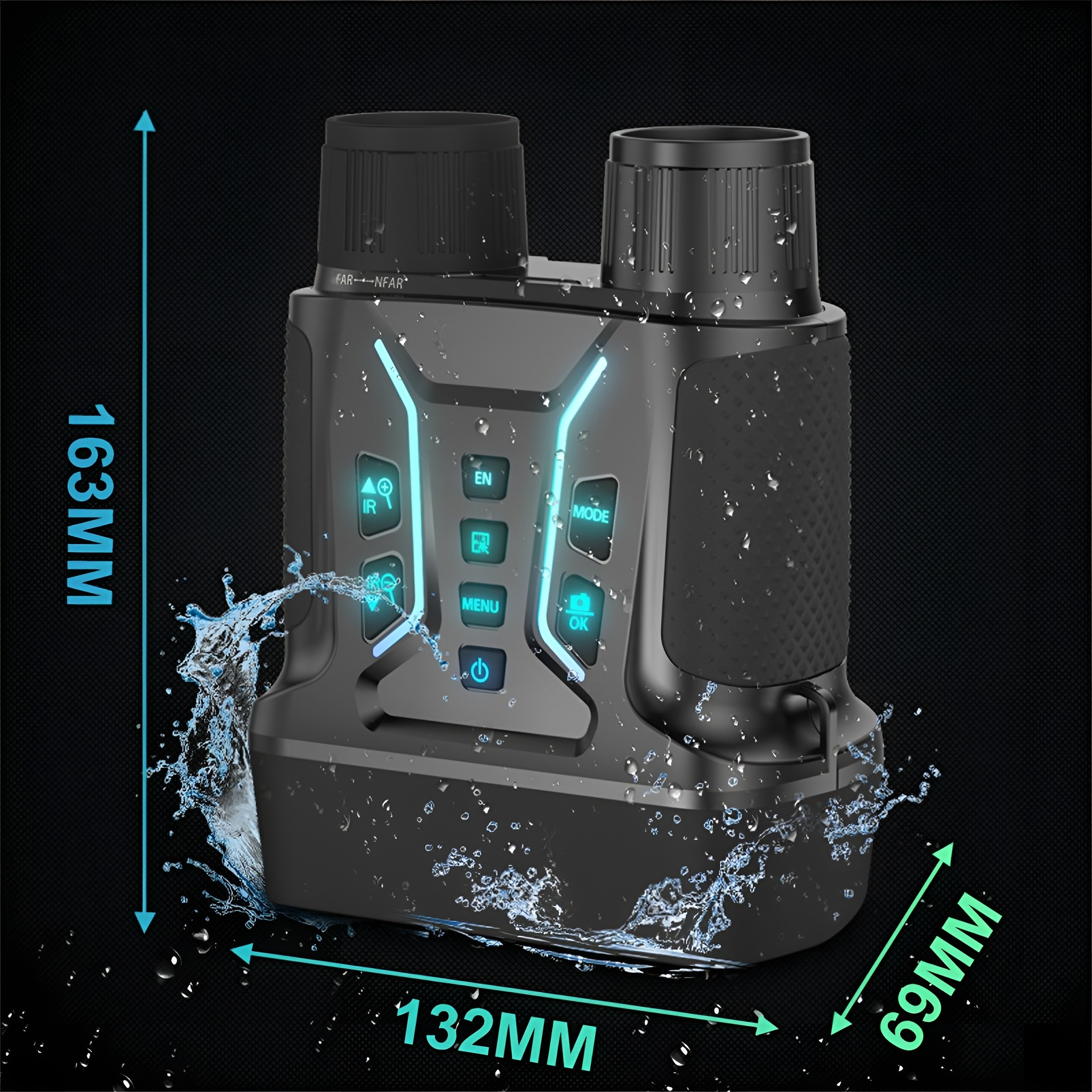 Schwarzes Nachtsichtgerät mit blauer Beleuchtung, Abmessungen und Wasserspritzeffekt.
